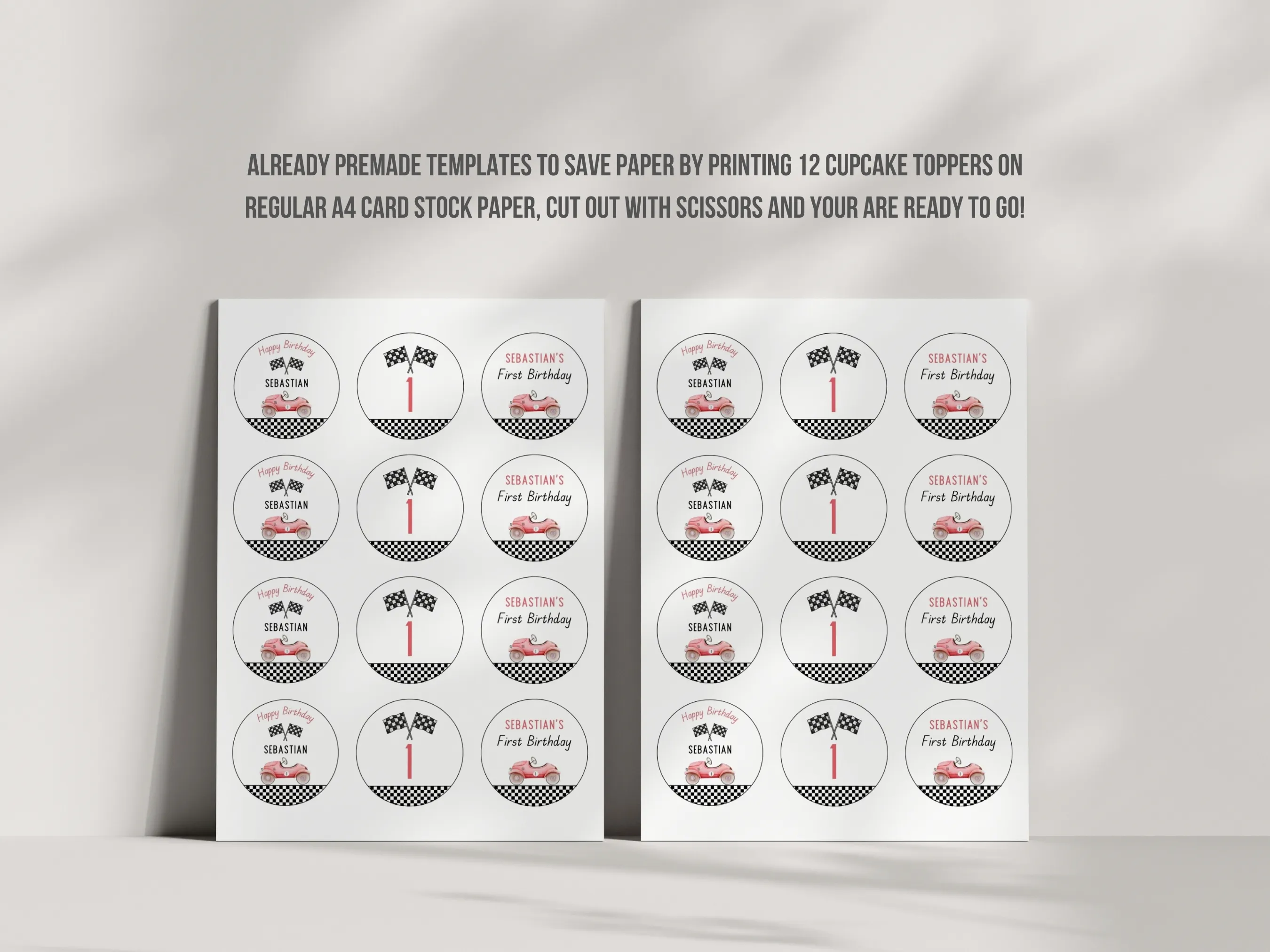 Fast One Birthday Cupcake Toppers | Red Race Car 1st Birthday Cupcake Toppers | Racing Happy Birthday Toppers | Editable Canva Template | Digital Download
