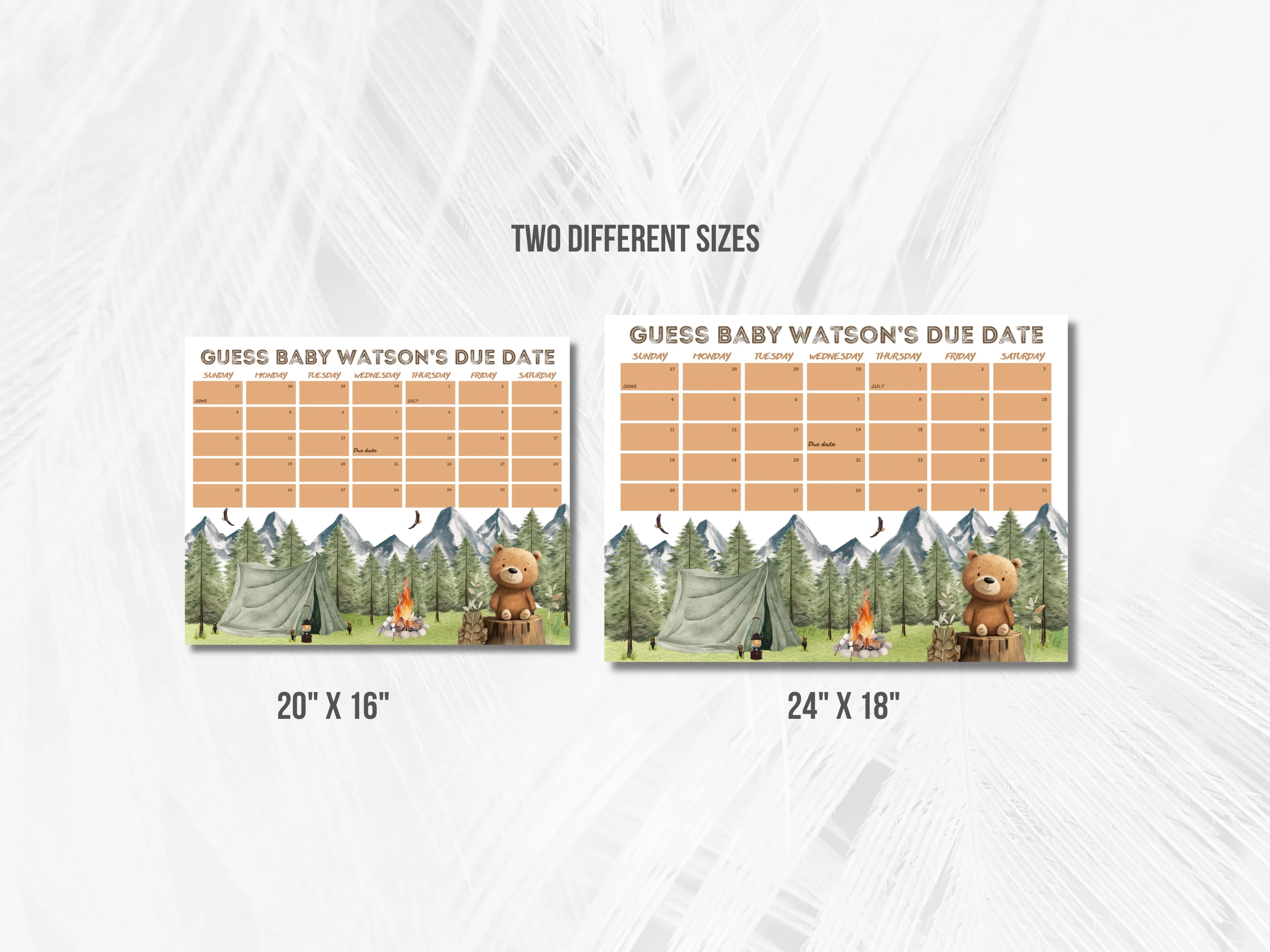 Little Camper Baby Due Date Calendar | Woodland Prediction Game | Adventure Awaits Guess The Birthday For Baby Boy | Editable Canva Template | Digital Download