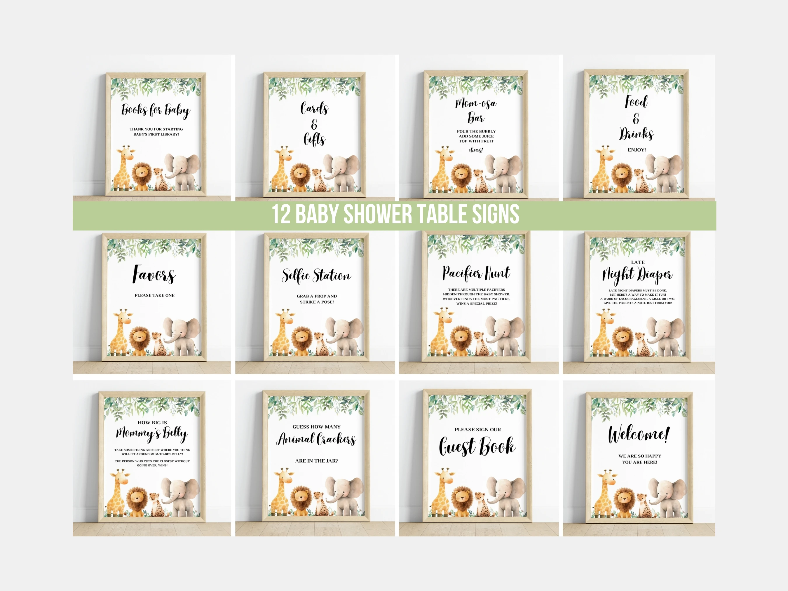 safari baby shower table sign printable, jungle animals late night diapers sign, wild one pacifier hunt baby shower sign, diaper raffle baby shower sign printable, editable baby shower sign Canva