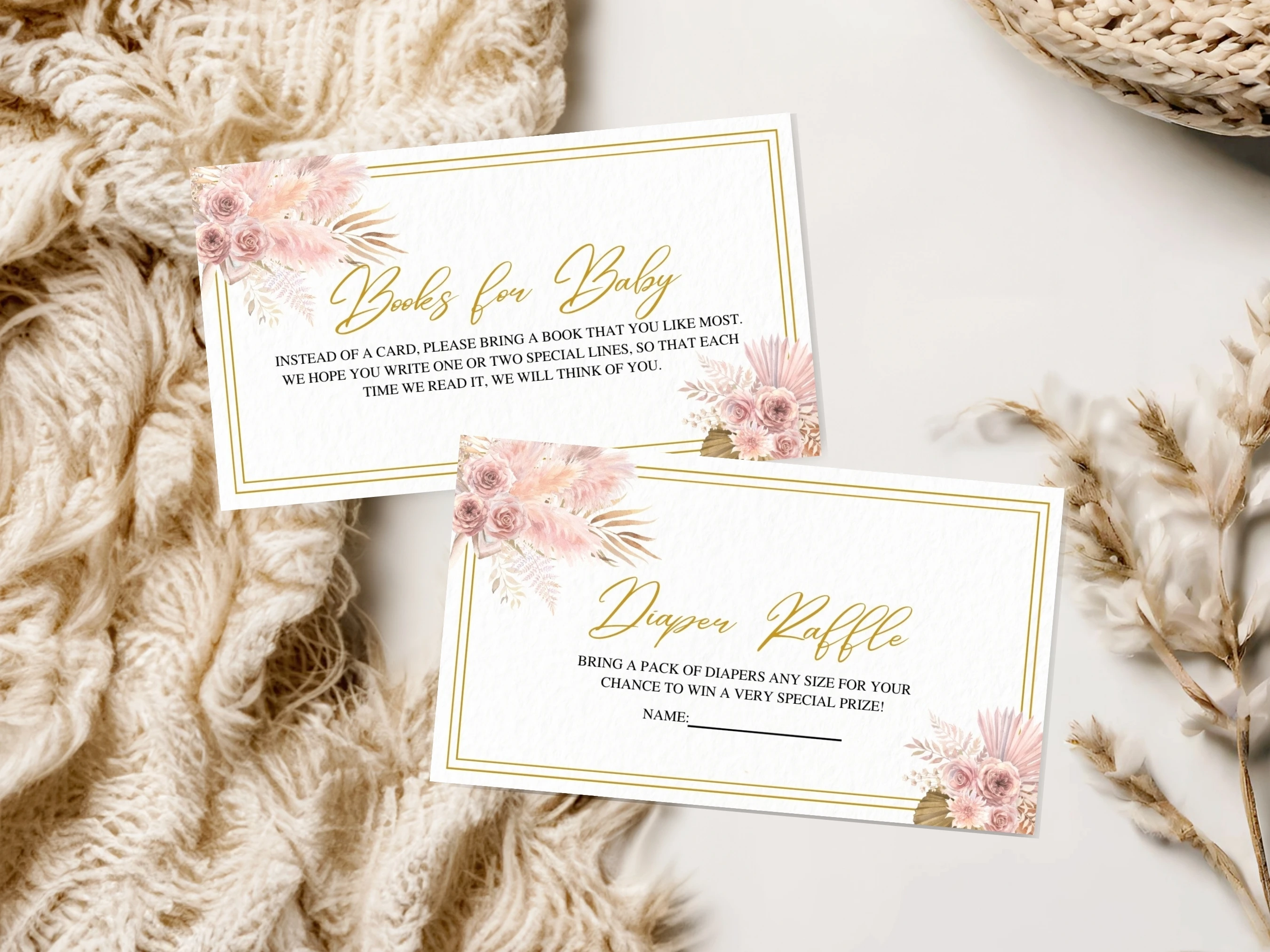 Boho Baby Shower Invitation Set | Pampas Grass Rose Gold Starter Pack For Baby Girl | Editable Canva Template | Digital Download