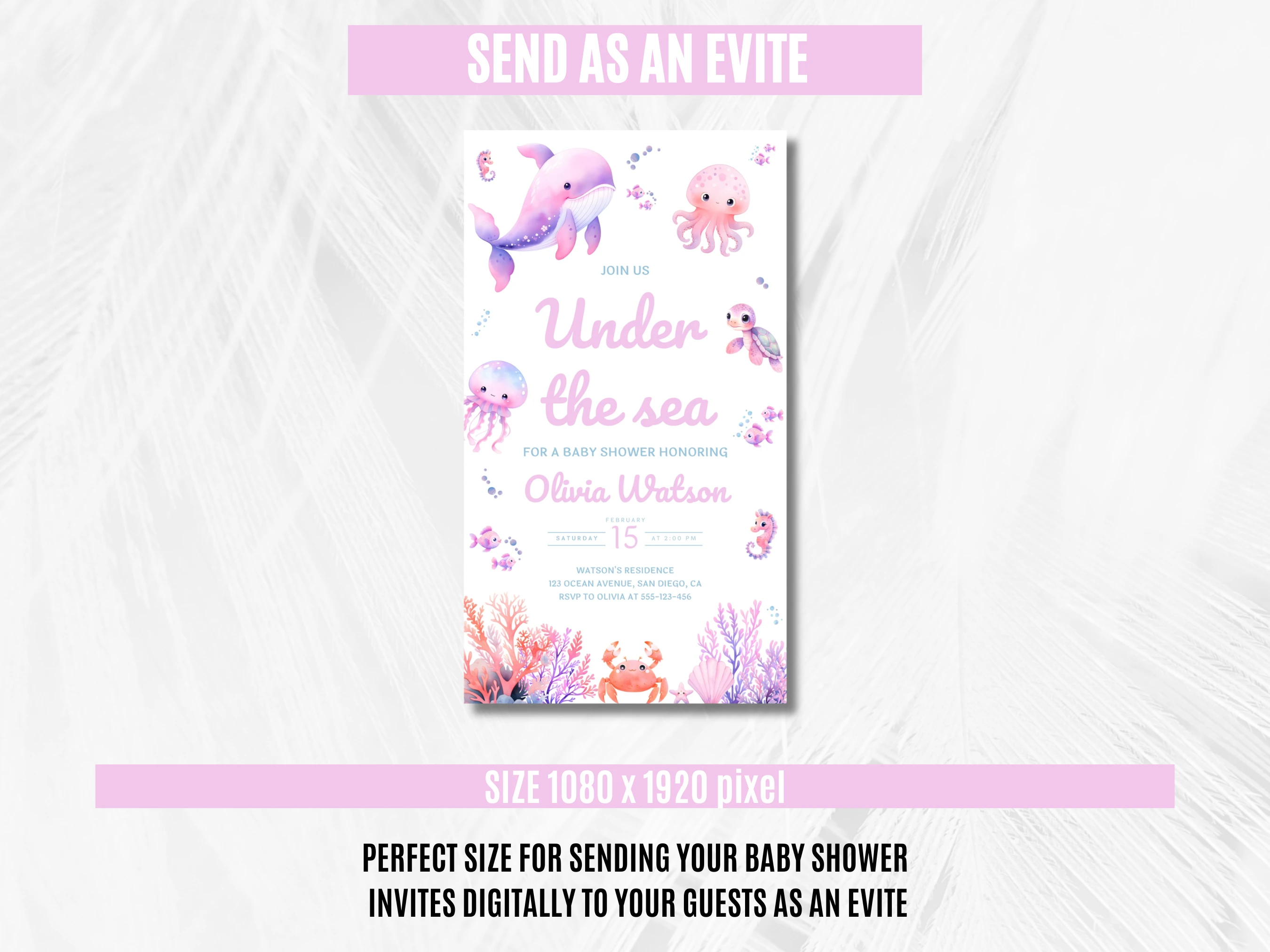 Under The Sea Baby Shower Mobile Invitation | Ocean Baby Shower Digital Invite | Girl Baby Shower Party | Editable Canva Template | Digital Download