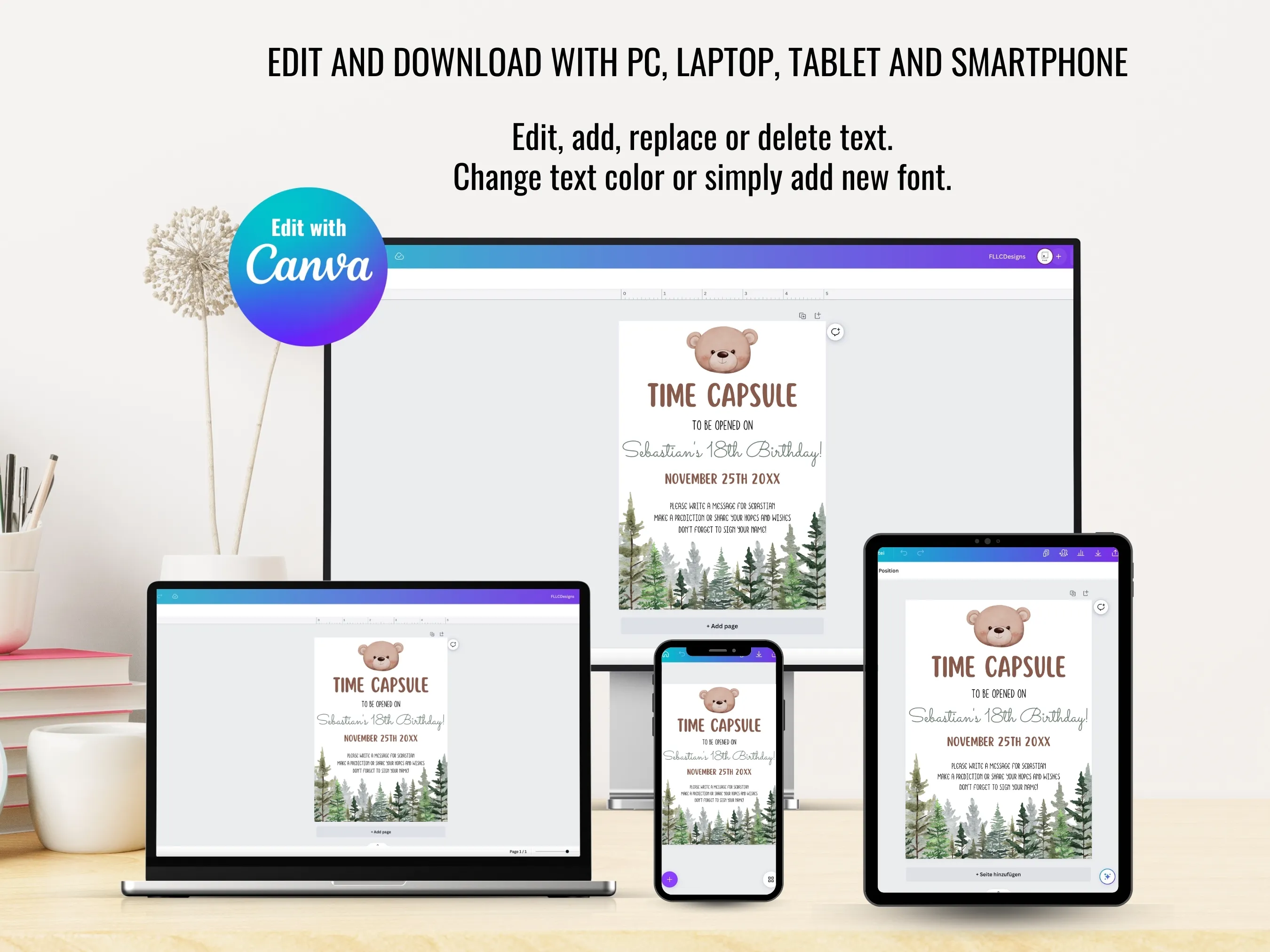 Woodland Bear 1st Birthday Time Capsule Sign & Wishes Card | Brown Bear Birthday Guest Book | Editable Canva Template | Digital Download