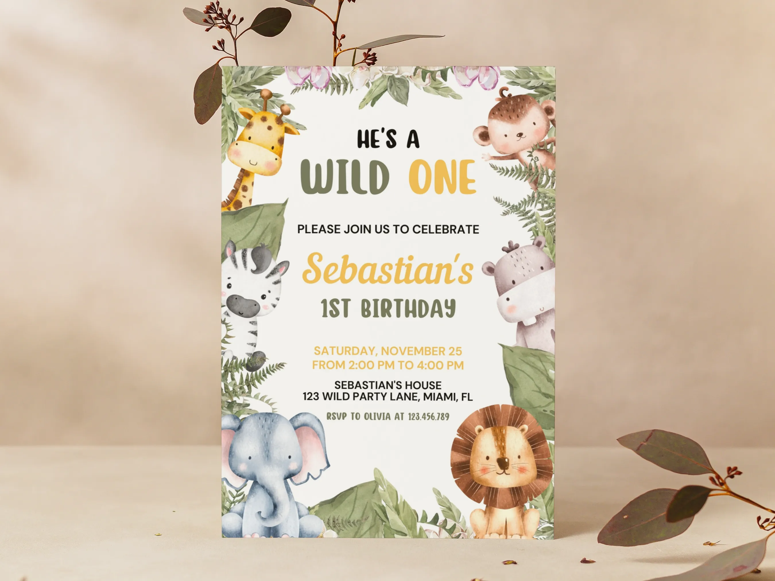 Wild One birthday invitation — safari jungle animals theme editable Canva template for kids’ birthday party (digital download)