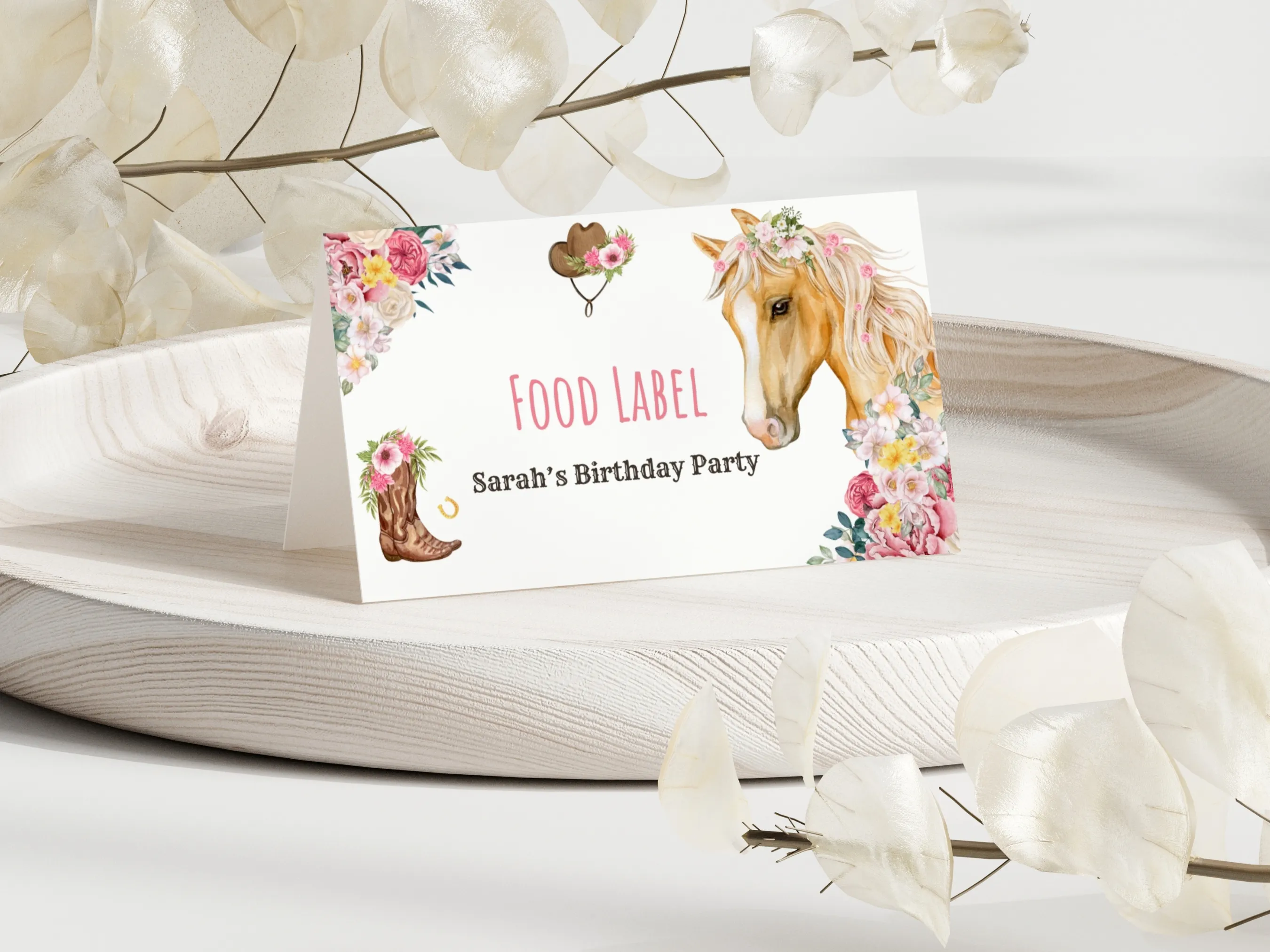 Horse birthday food tent cards with cute rodeo pony theme, editable place cards and table labels by fllcdesigns