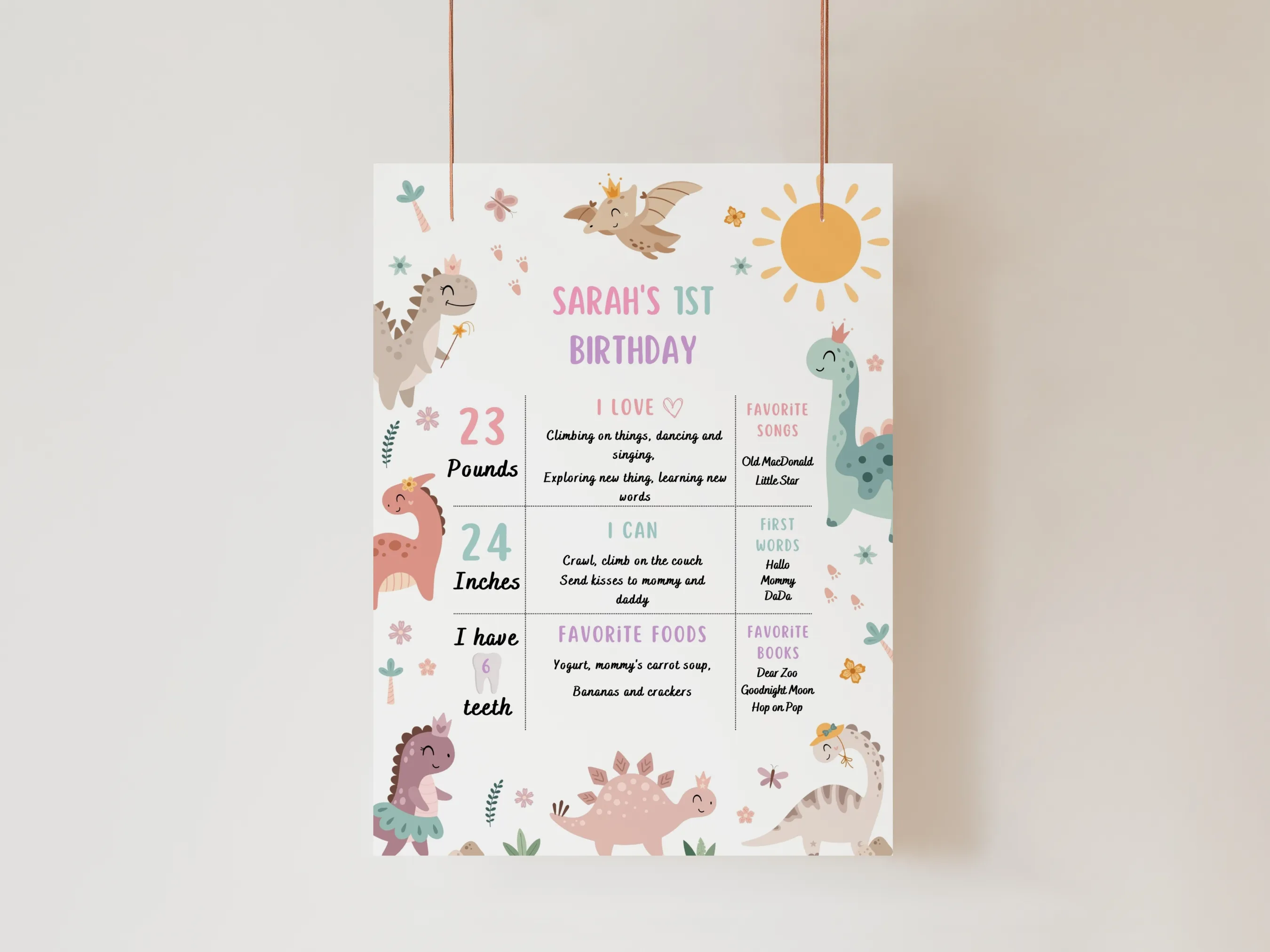 Baby girl dinosaur birthday milestone board with jurassic dino theme for a first birthday, editable Canva template digital download by fllcdesigns