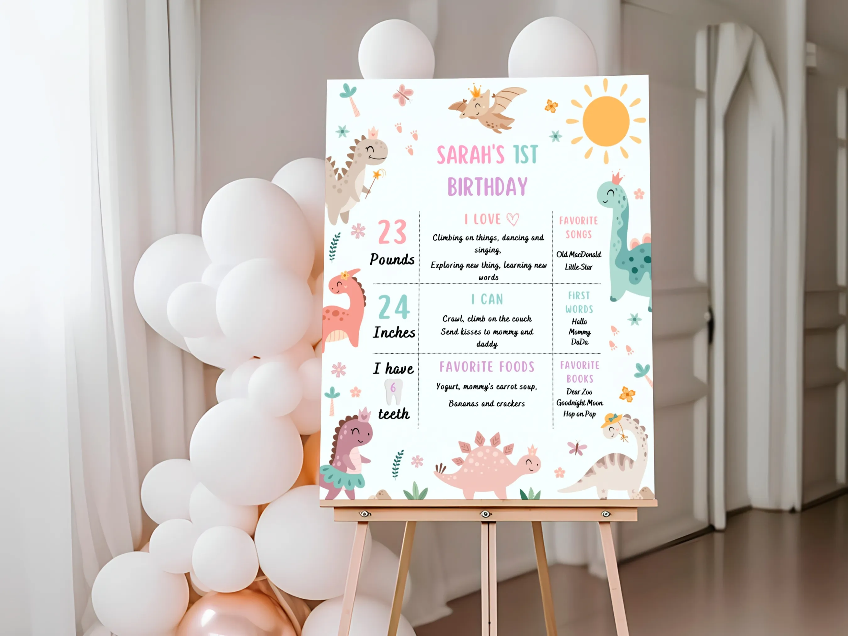 Baby Girl Dinosaur Birthday Milestone Board | Jurassic Milestone Poster | 1st Birthday Dino Party | Editable Canva Template | Digital Download