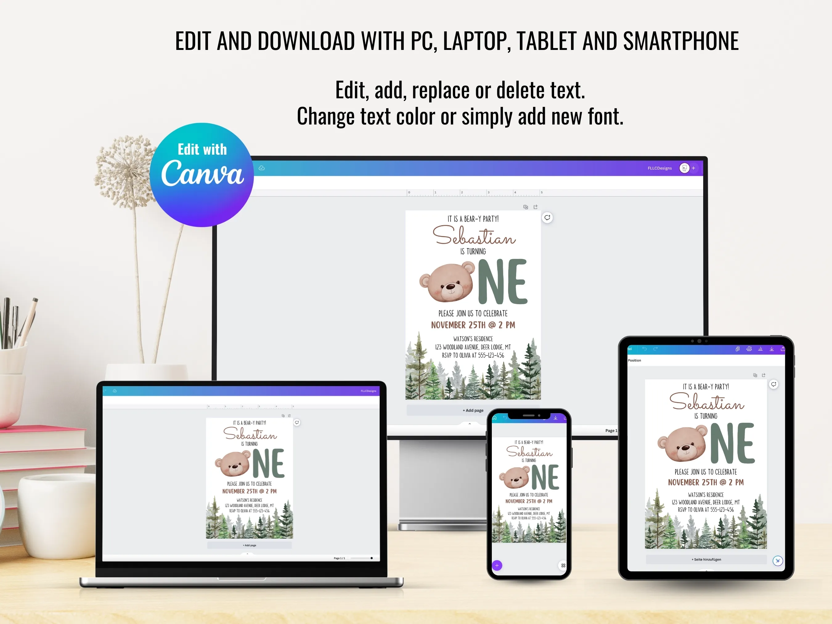 Woodland Bear 1st Birthday Party Bundle | Forest and Mountains Birthday Decorations | Editable Canva Template | Digital Download