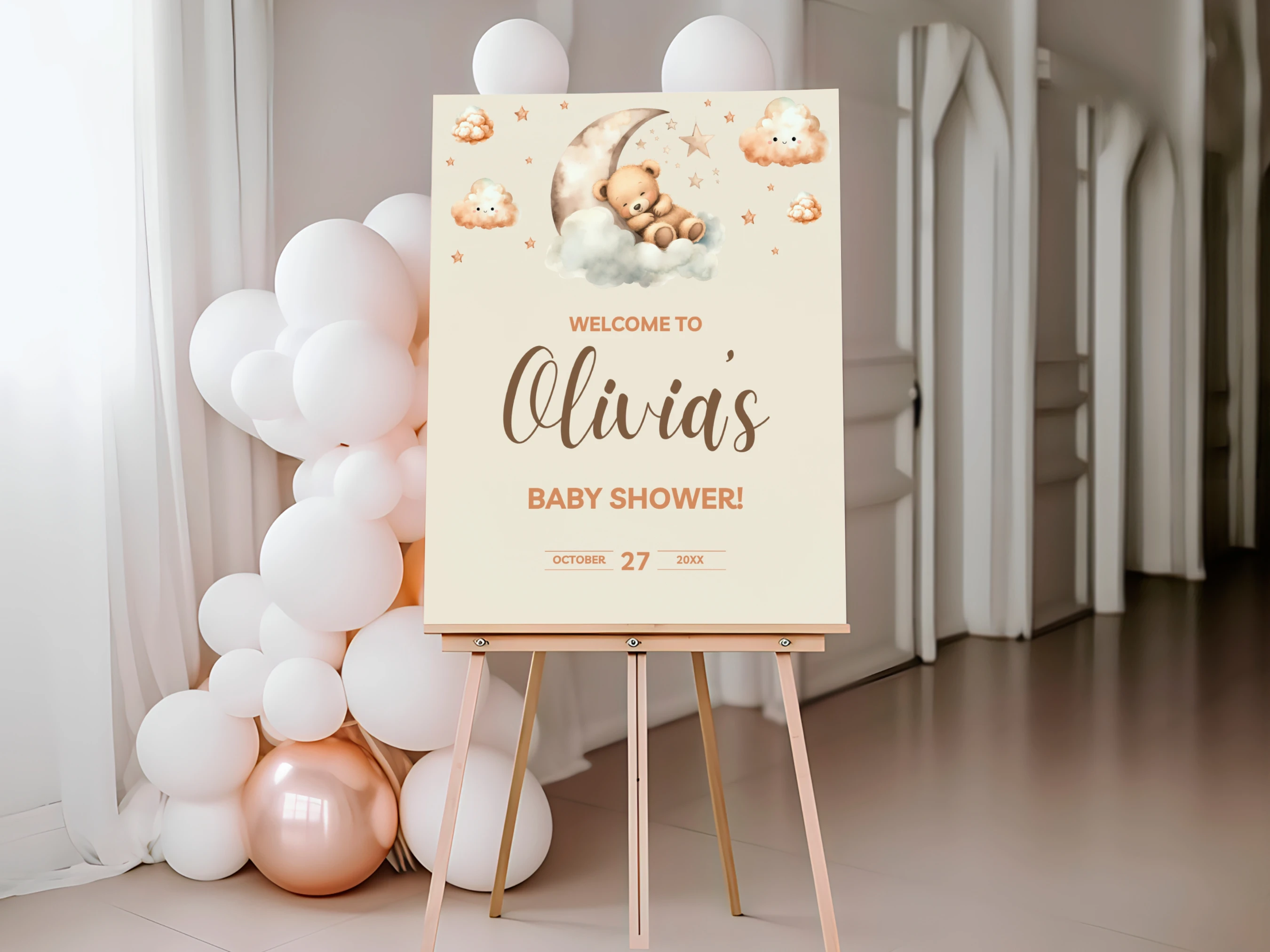 sleeping teddy bear baby shower welcome sign beige gold moon welcome board canva template digital download, teddy bear baby shower welcome board over the moon beige gold decorations canva template