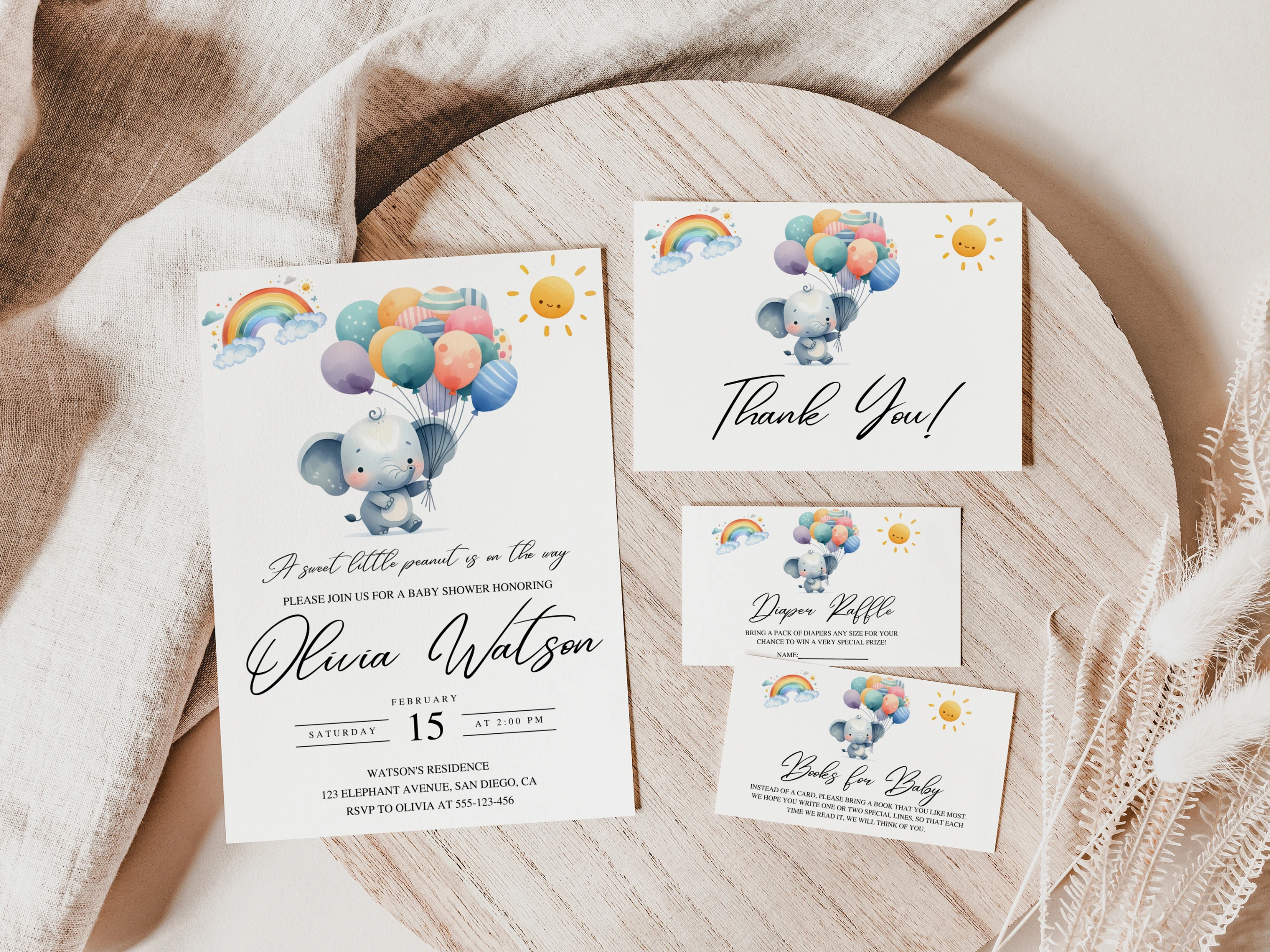 elephant baby shower invitation set little peanut starter pack baby girl invite thank you cards diaper raffle books for baby canva template digital download, rainbow balloon baby shower