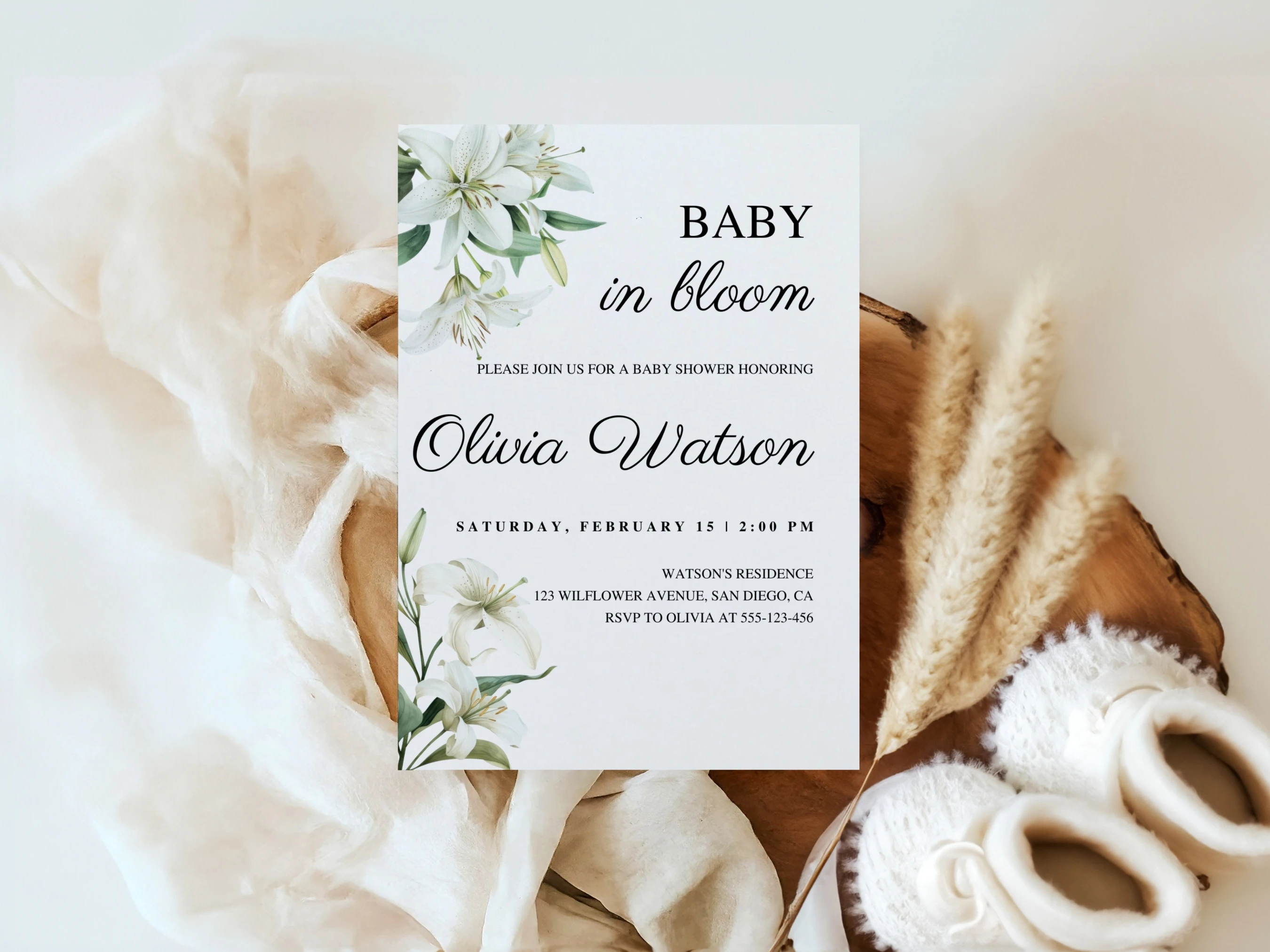 Baby In Bloom Baby Shower Invitation Set | Spring Wildflower Green And White Starter Pack For Baby Girl | Editable Canva Template | Digital Download