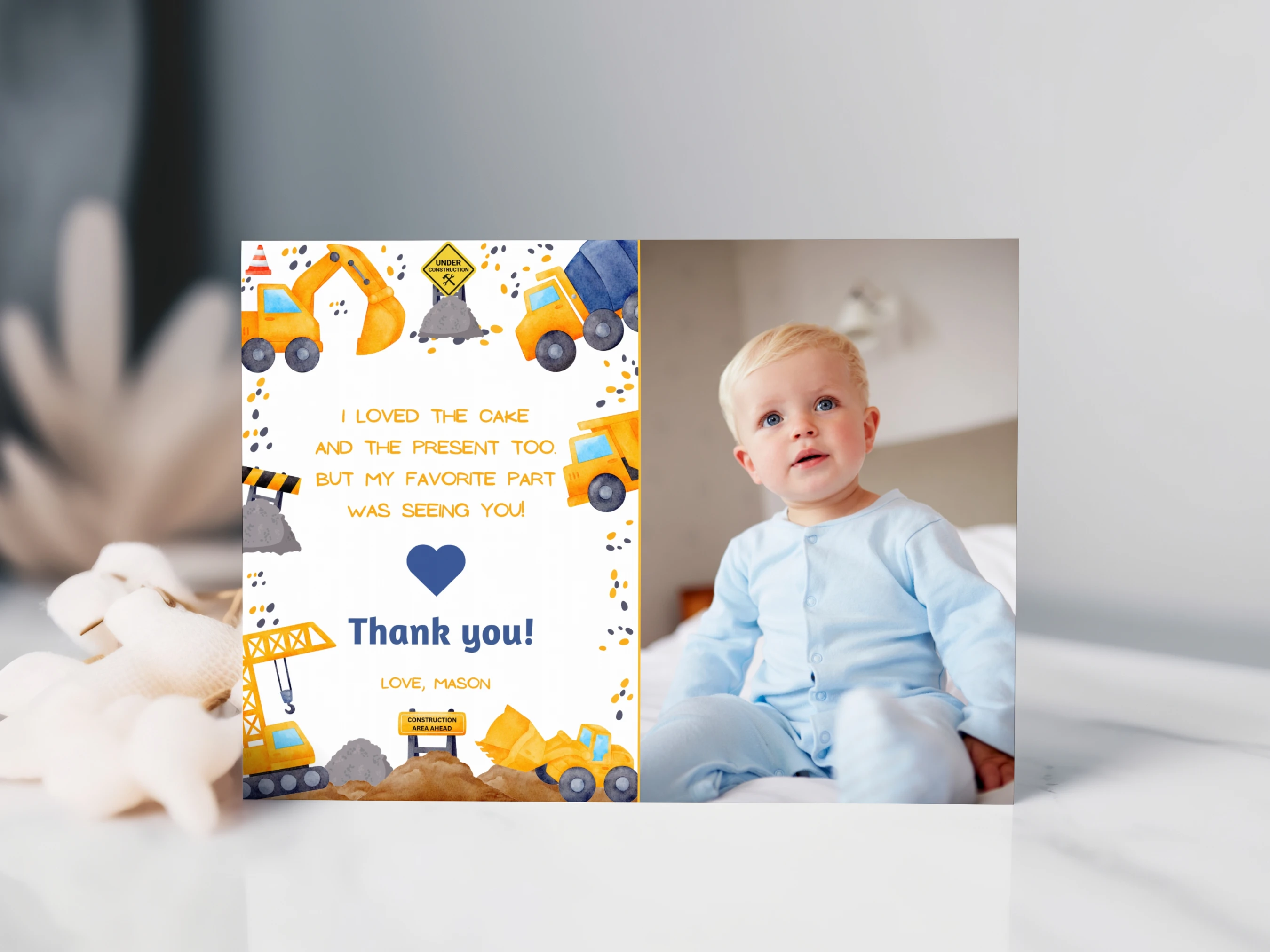construction thank you card, excavator party thank you note, birthday thank you card with photo, dump truck birthday thank you note, printable kids thank you card