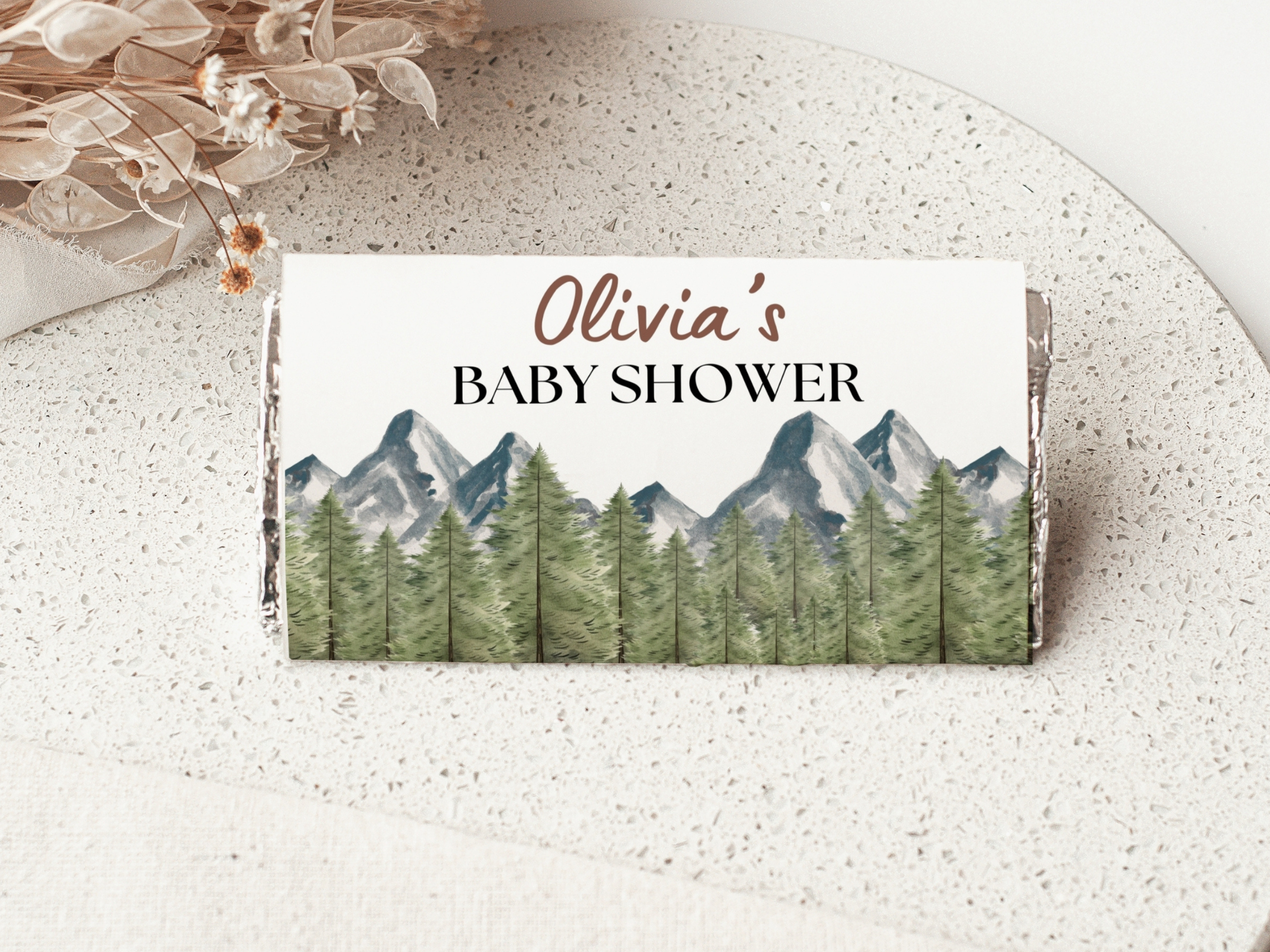 adventure awaits baby shower chocolate wrapper, woodland candy bar wrapper printable, forest mountain baby shower chocolate label, woodland baby shower candy bar label, editable chocolate wrapper Canva
