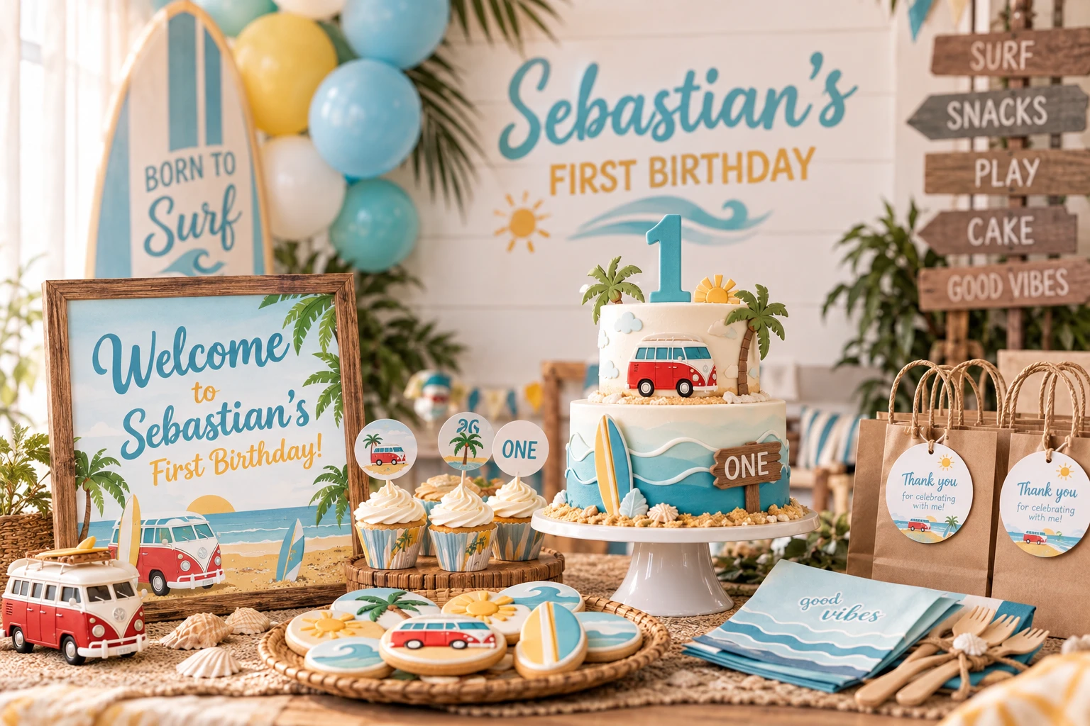 Beach and surf themed first birthday celebration with coordinated decorations, milestone details, party planning and keepsake elements