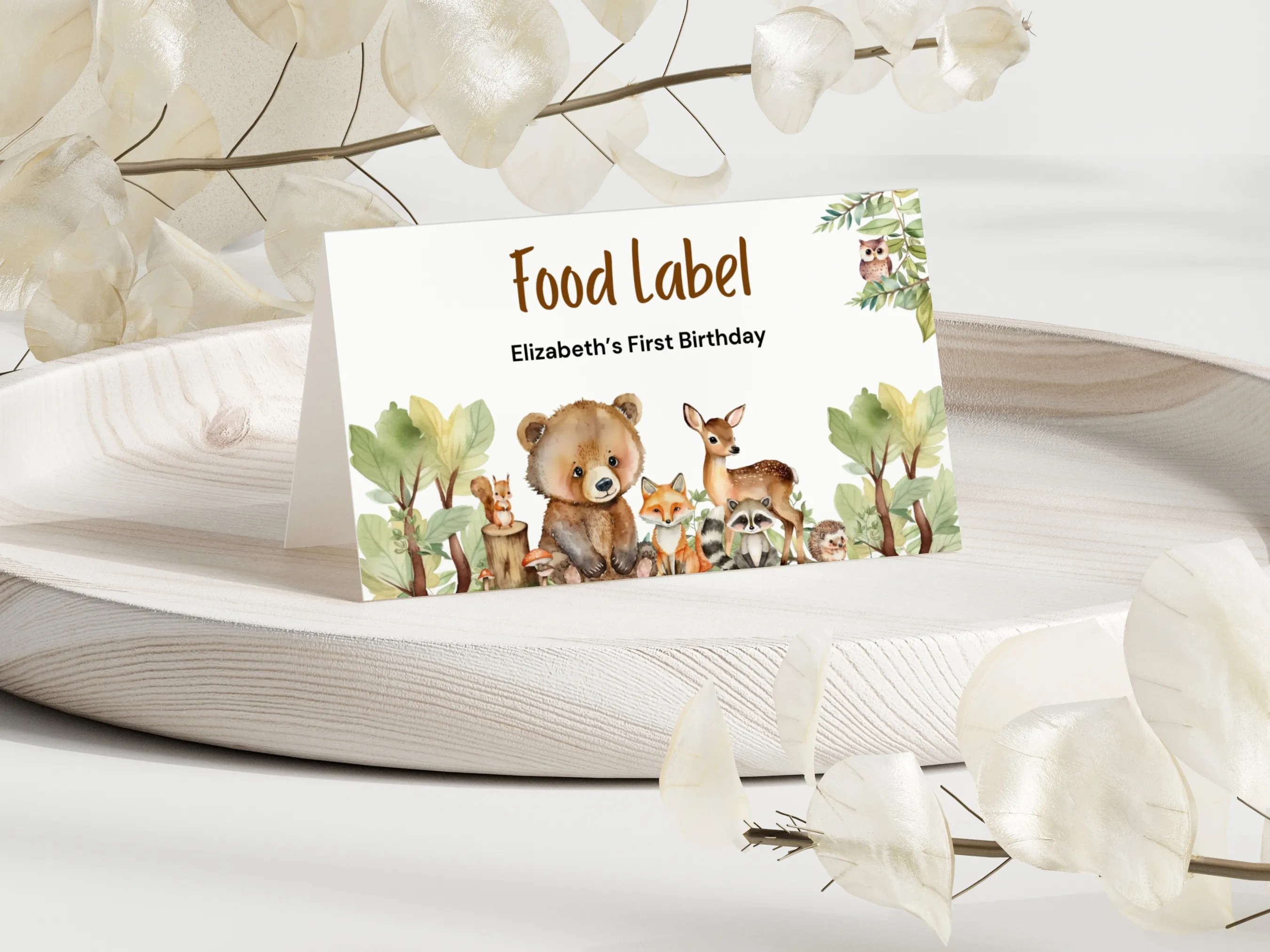 Woodland animals food tent cards with Wild One forest theme, editable name tags and table labels by fllcdesigns