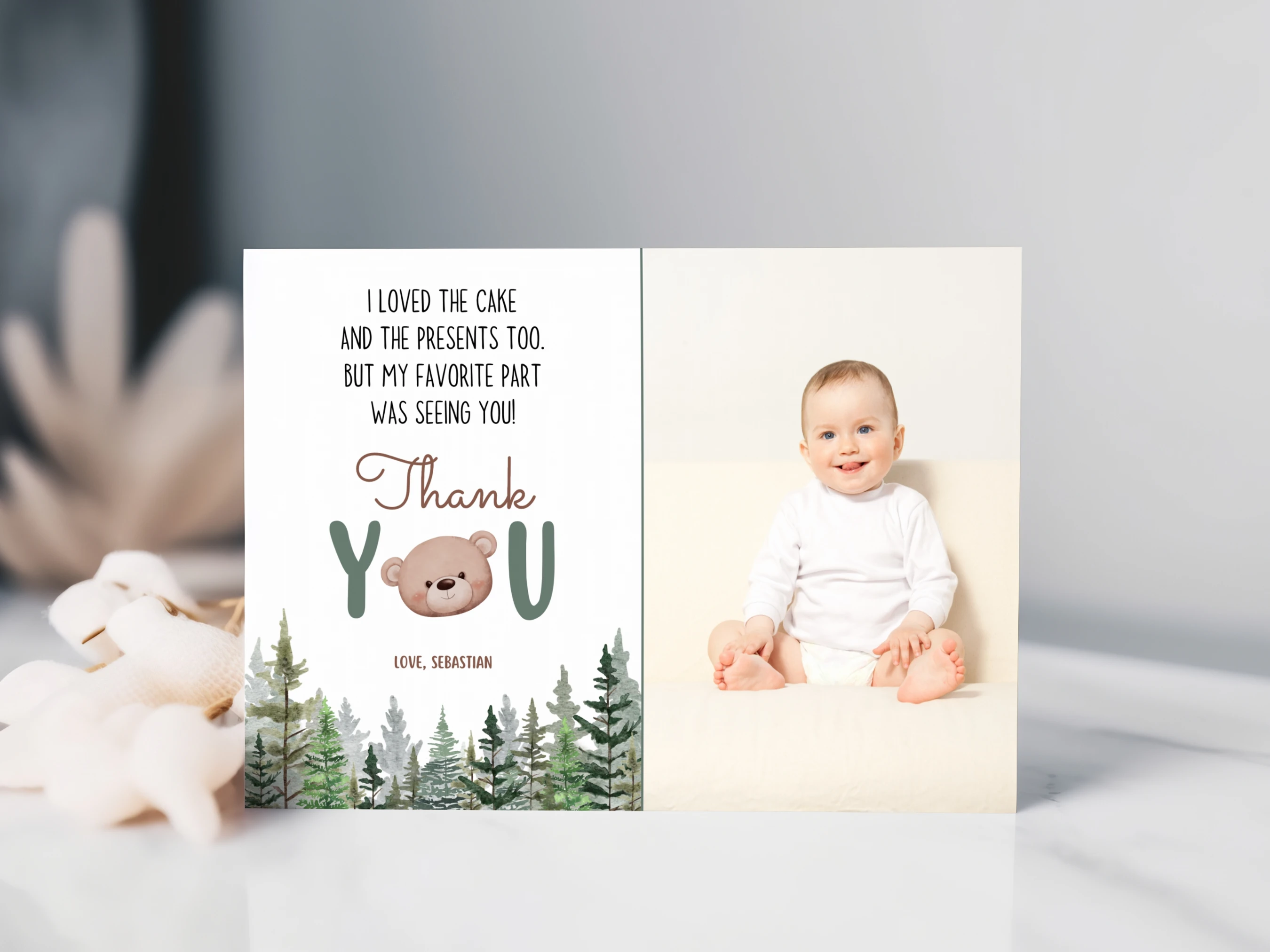 brown bear thank you card, woodland birthday thank you note, birthday thank you card with photo, bear birthday thank you note, printable kids thank you card