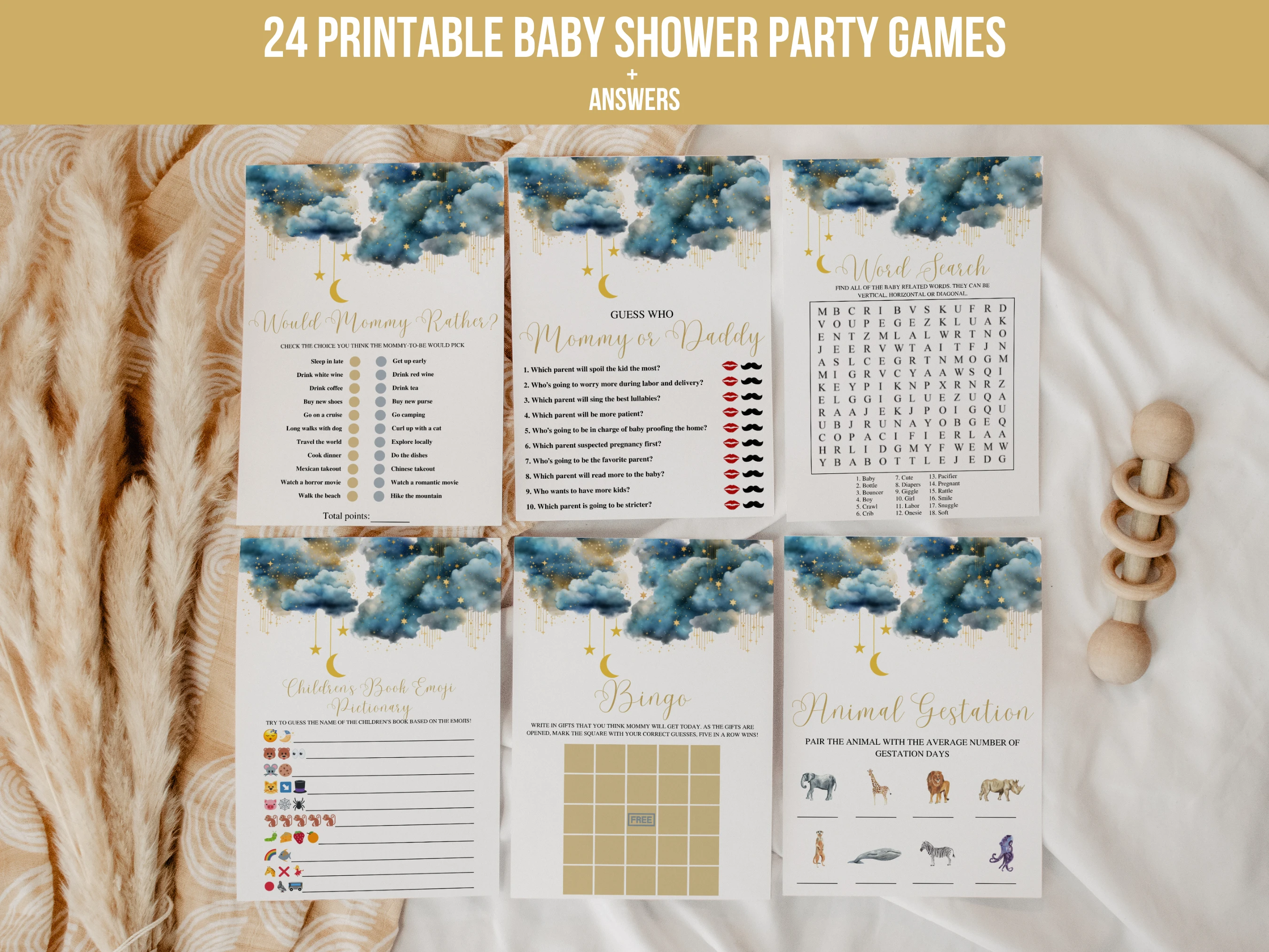 twinkle little star baby shower games bundle, baby shower bingo printable games, over the moon emoji baby shower game, 24 printable baby shower games bundle, editable baby shower games Canva