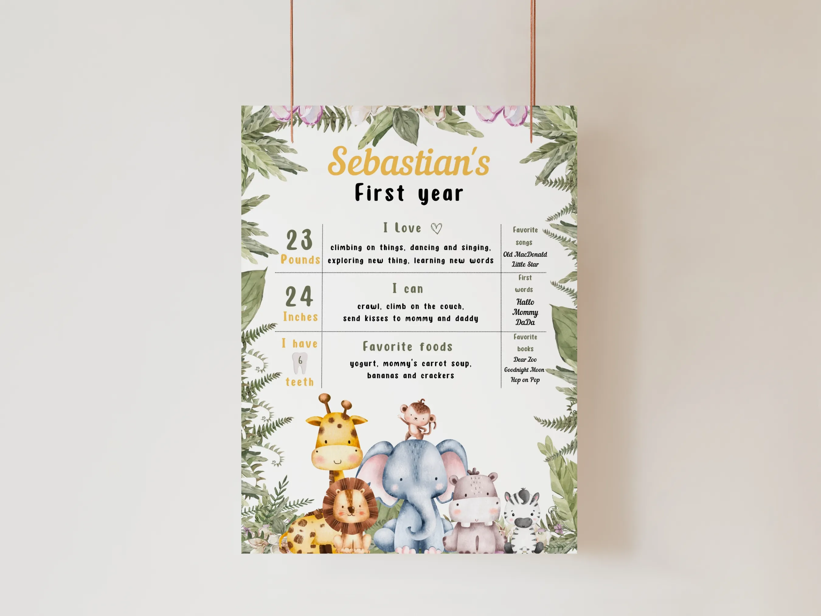 Safari animals milestone board and jungle party baby milestone sign for a Wild One first birthday, editable Canva template digital download by fllcdesigns