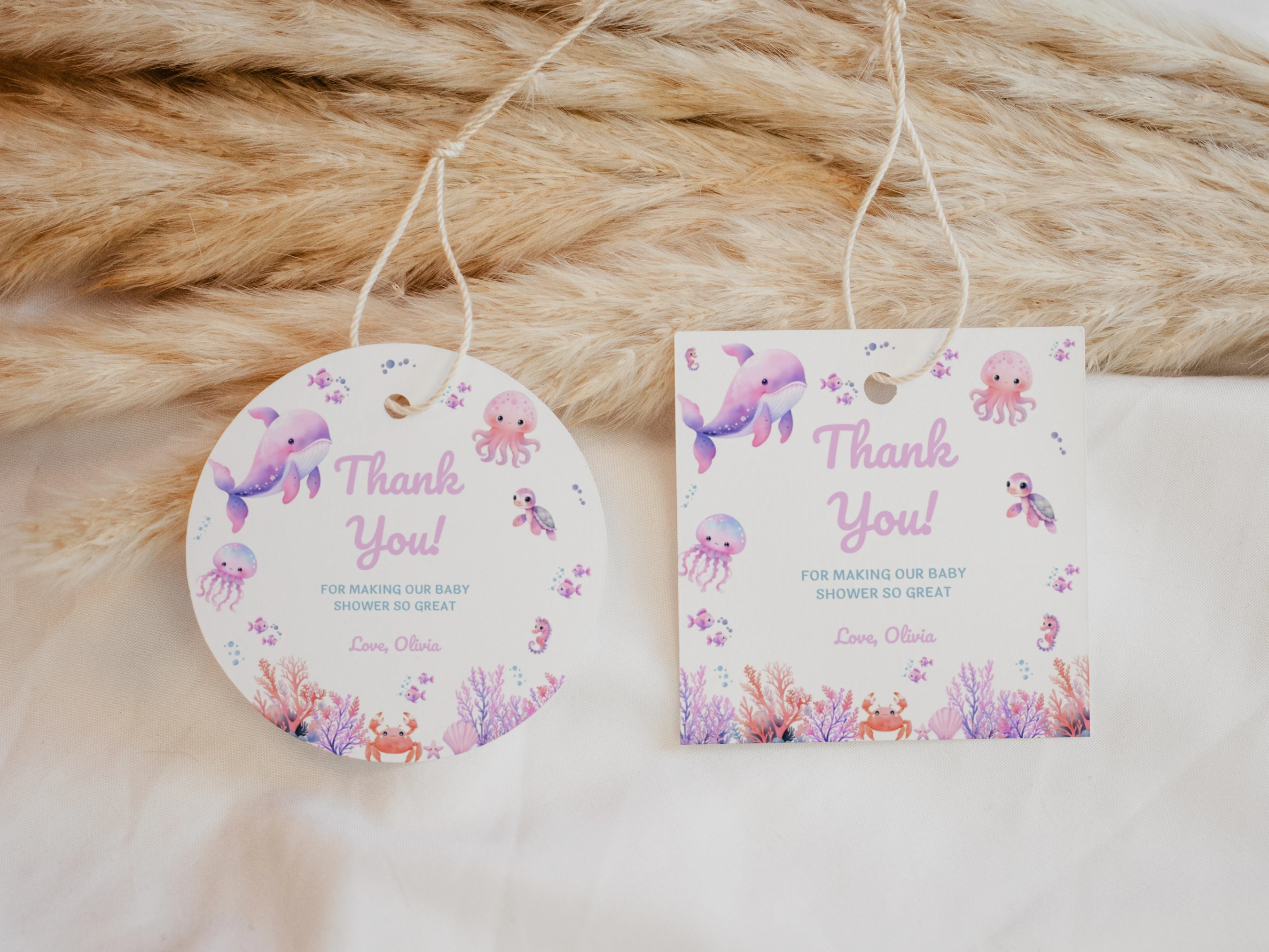 Under The Sea Baby Shower Thank You Tags | Ocean Animals Baby Girl Favor Tags | Editable Canva Template | Digital Download