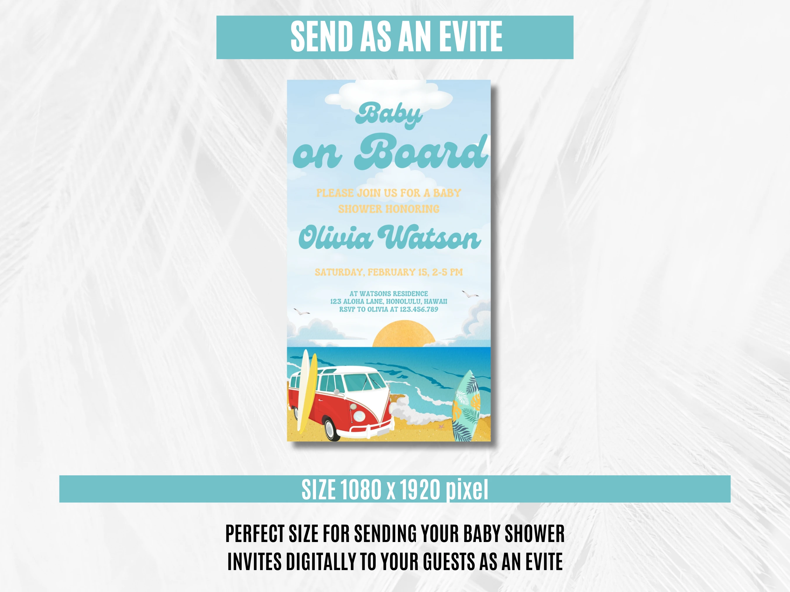 Baby On Board Baby Shower Mobile Invitation | Surf Baby Shower Digital Invite | Ocean Baby Shower Party | Editable Canva Template | Digital Download