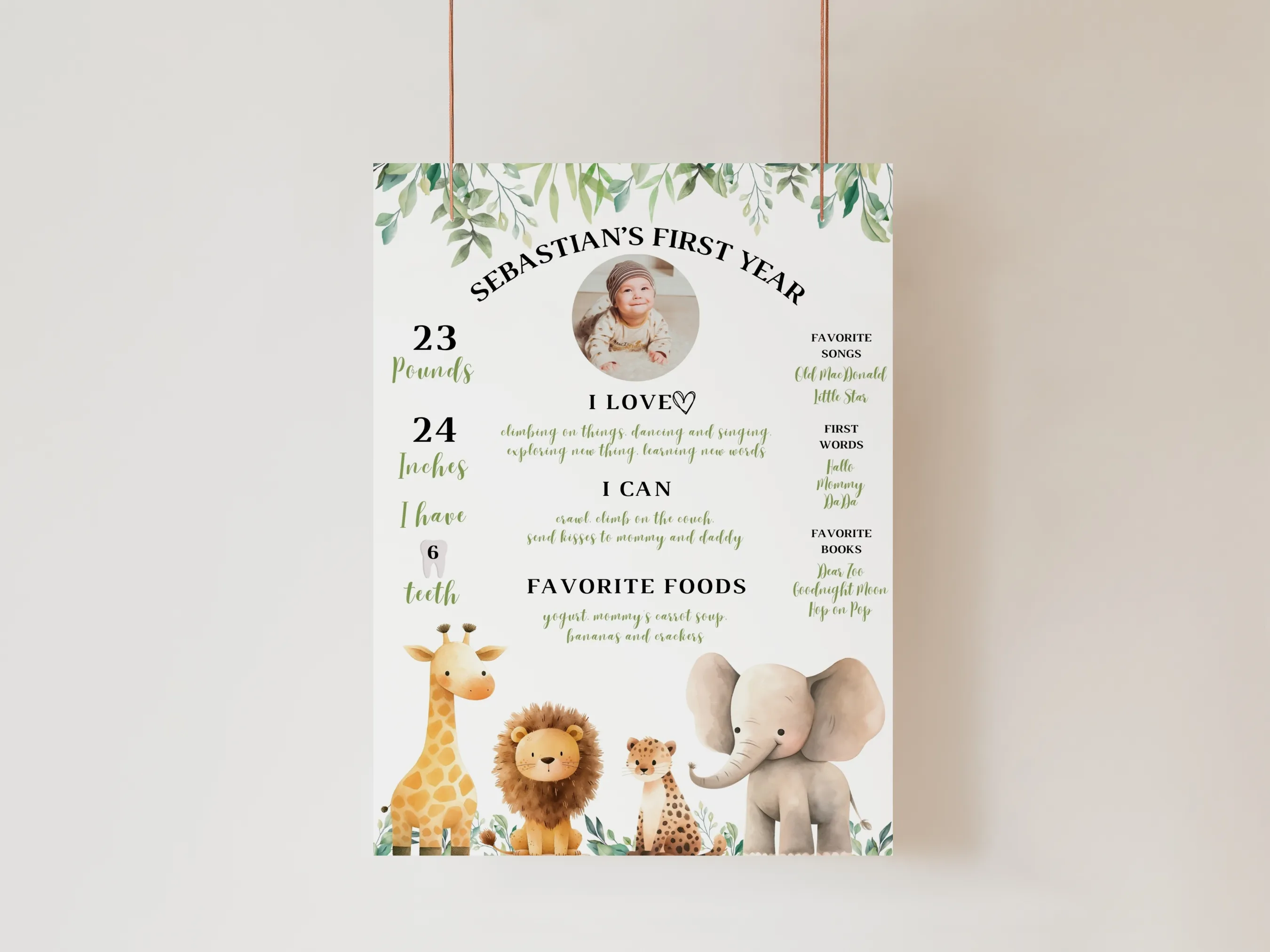 Wild One birthday milestone board with safari jungle animals theme for a first birthday, editable Canva template digital download by fllcdesigns
