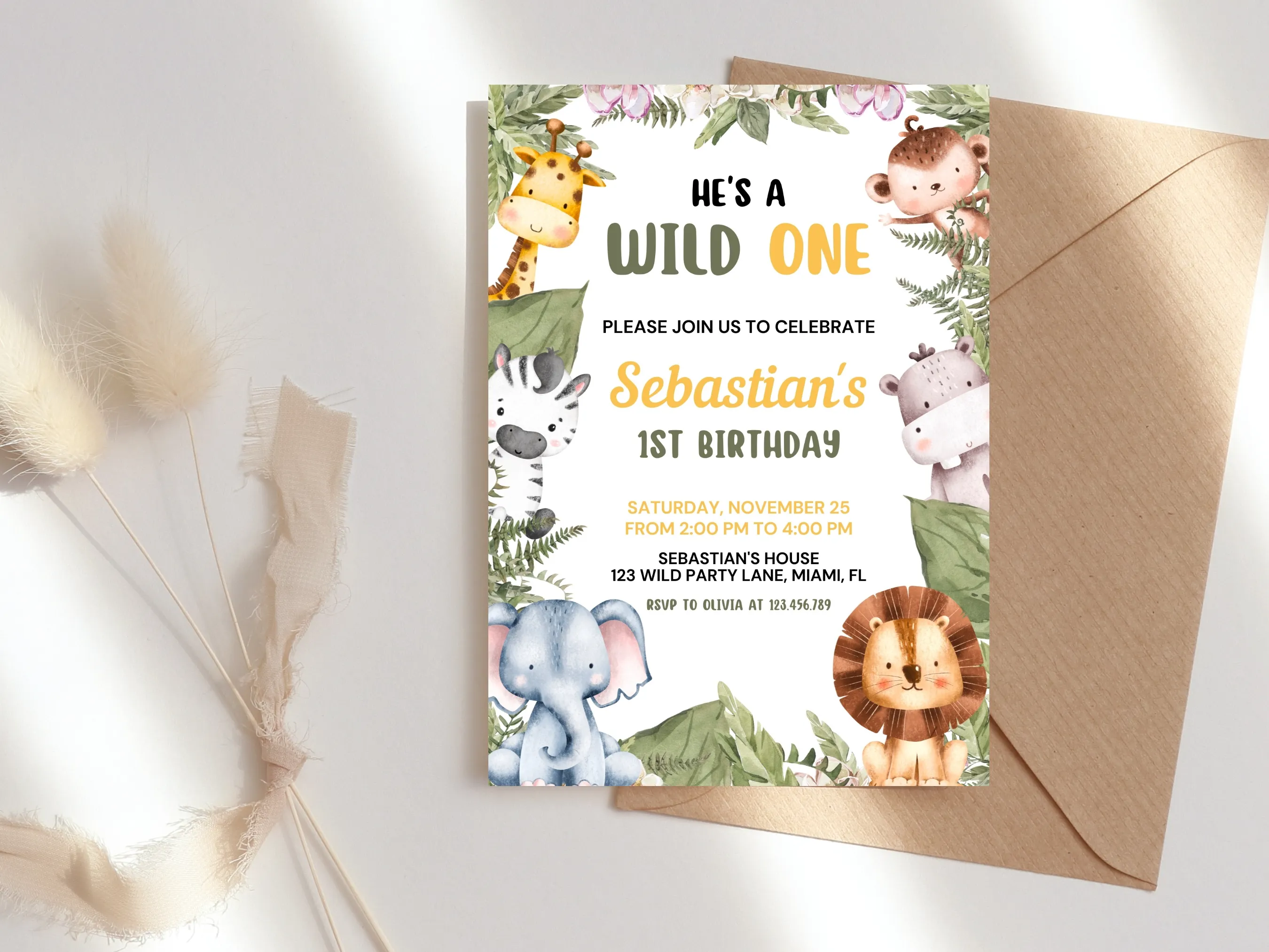 Wild One Birthday Invitation | Safari Jungle Animals Theme | Editable Canva Template | Digital Download