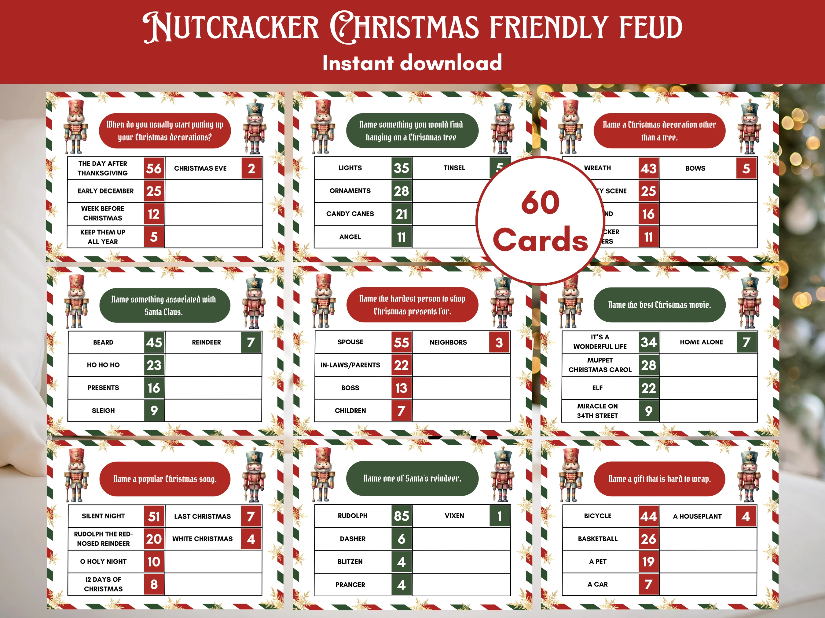 Nutcracker Christmas Friendly Feud game with 60 festive survey question cards for host and contestants, strike cards, scoreboards and printable family party game materials