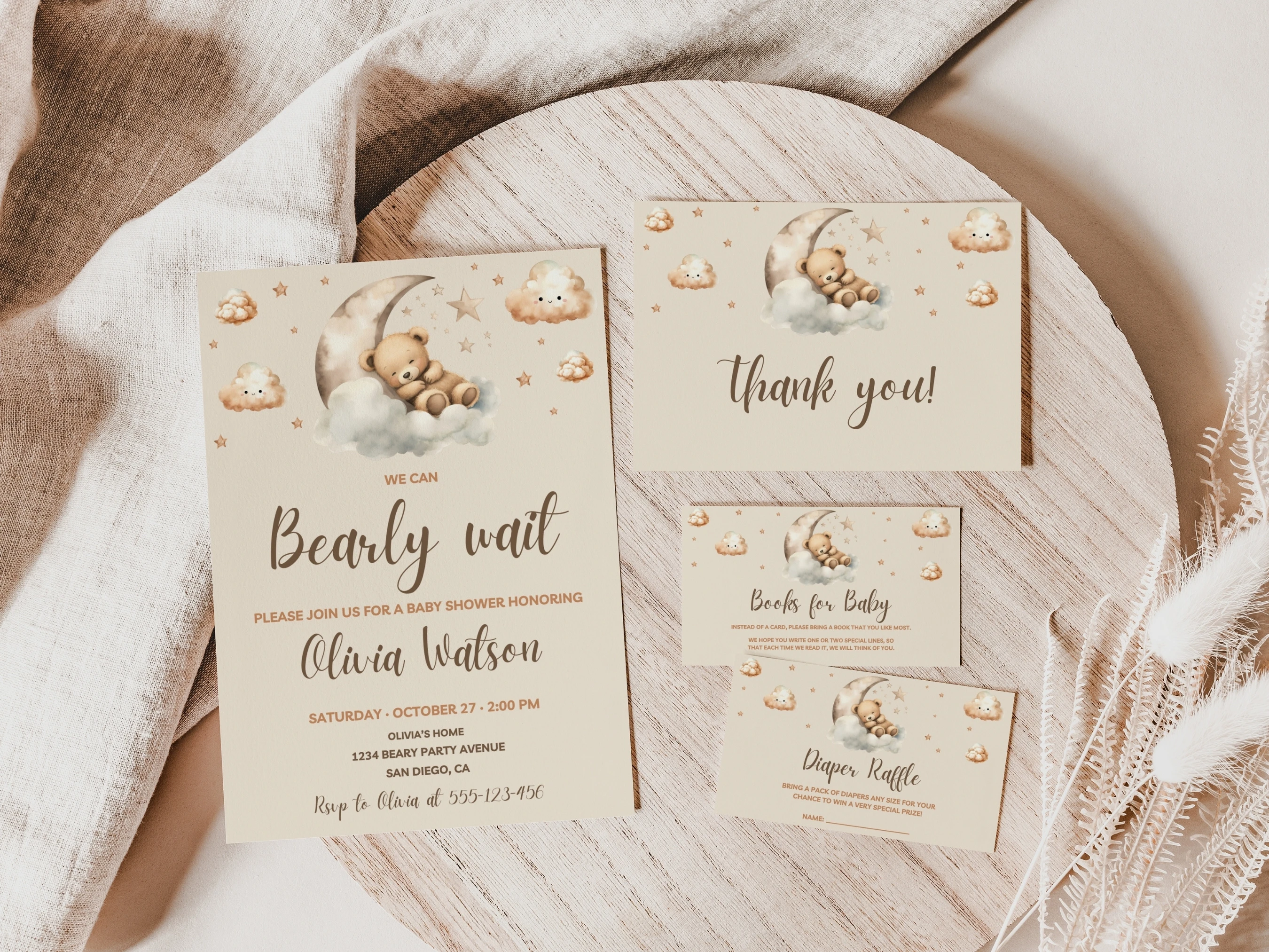 sleeping teddy bear baby shower invitation set beige gold over the moon starter pack gender neutral invite thank you cards diaper raffle books for baby canva template digital download, teddy bear baby shower invitation bundle