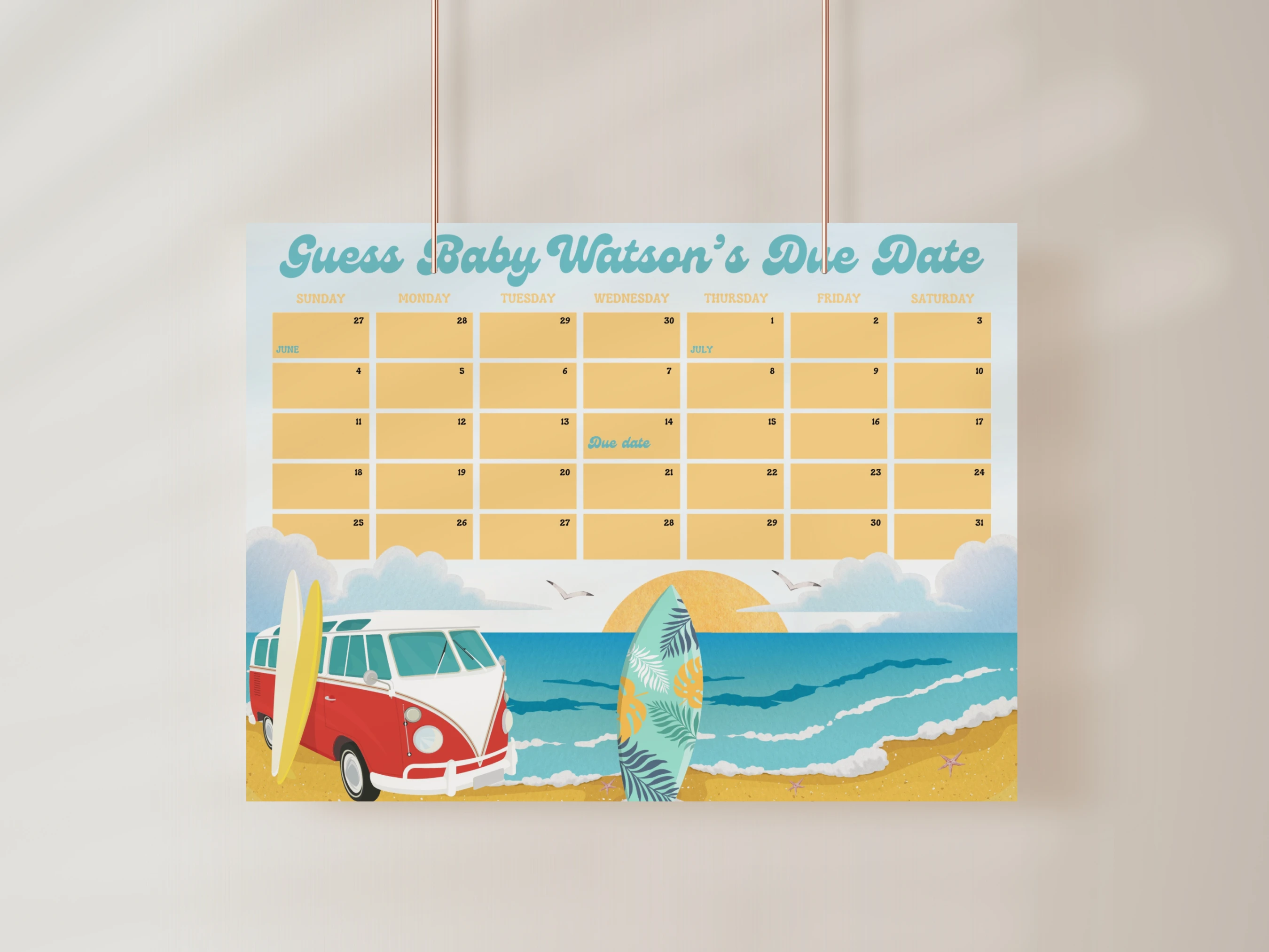 baby on board due date calendar surf ocean tropical prediction game canva template digital download, surf ocean baby shower prediction game tropical decorations canva template