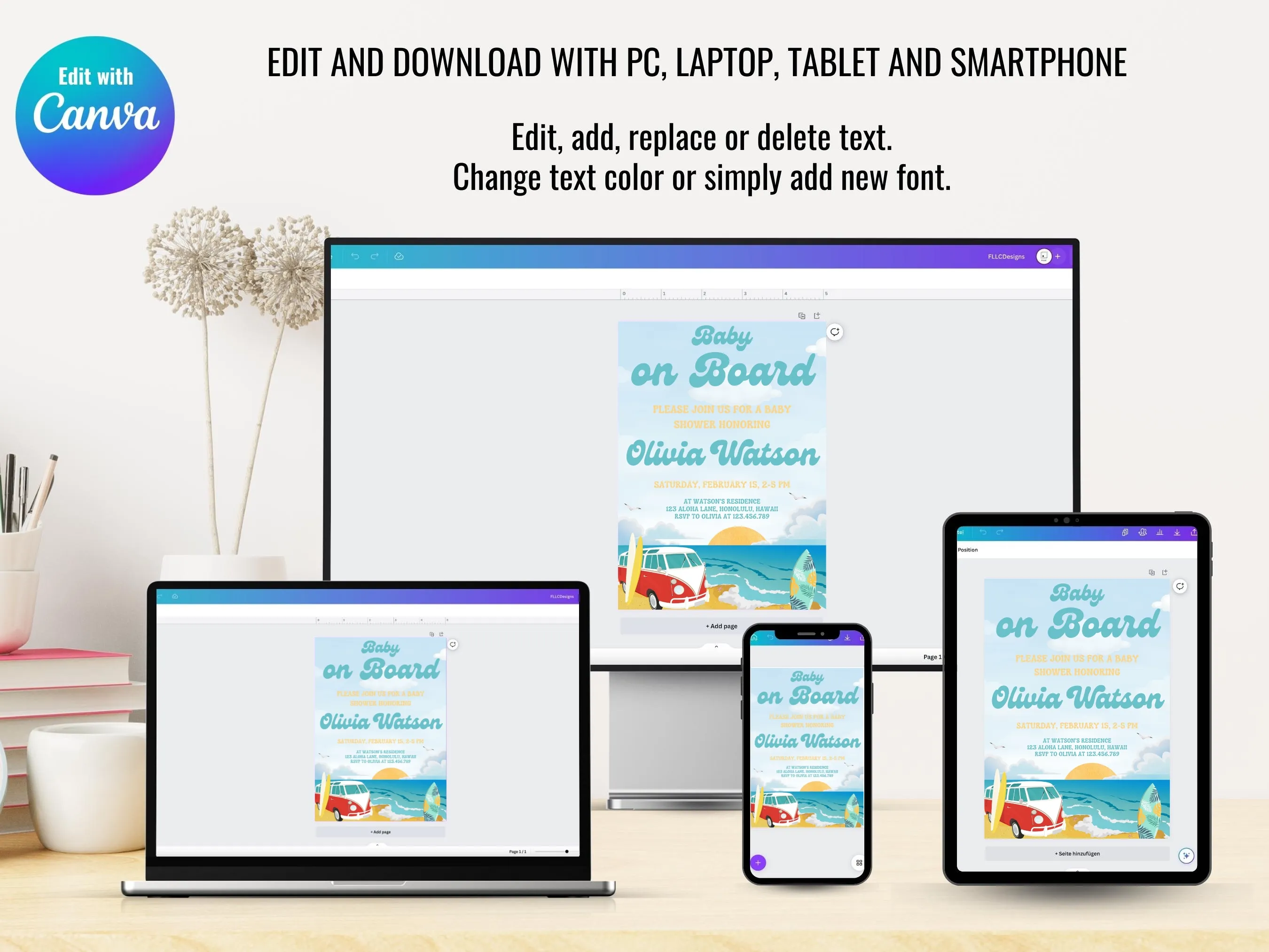 Baby On Board Baby Shower Bundle | Surf Editable Canva Templates | Tropical Beach Theme | Digital Download