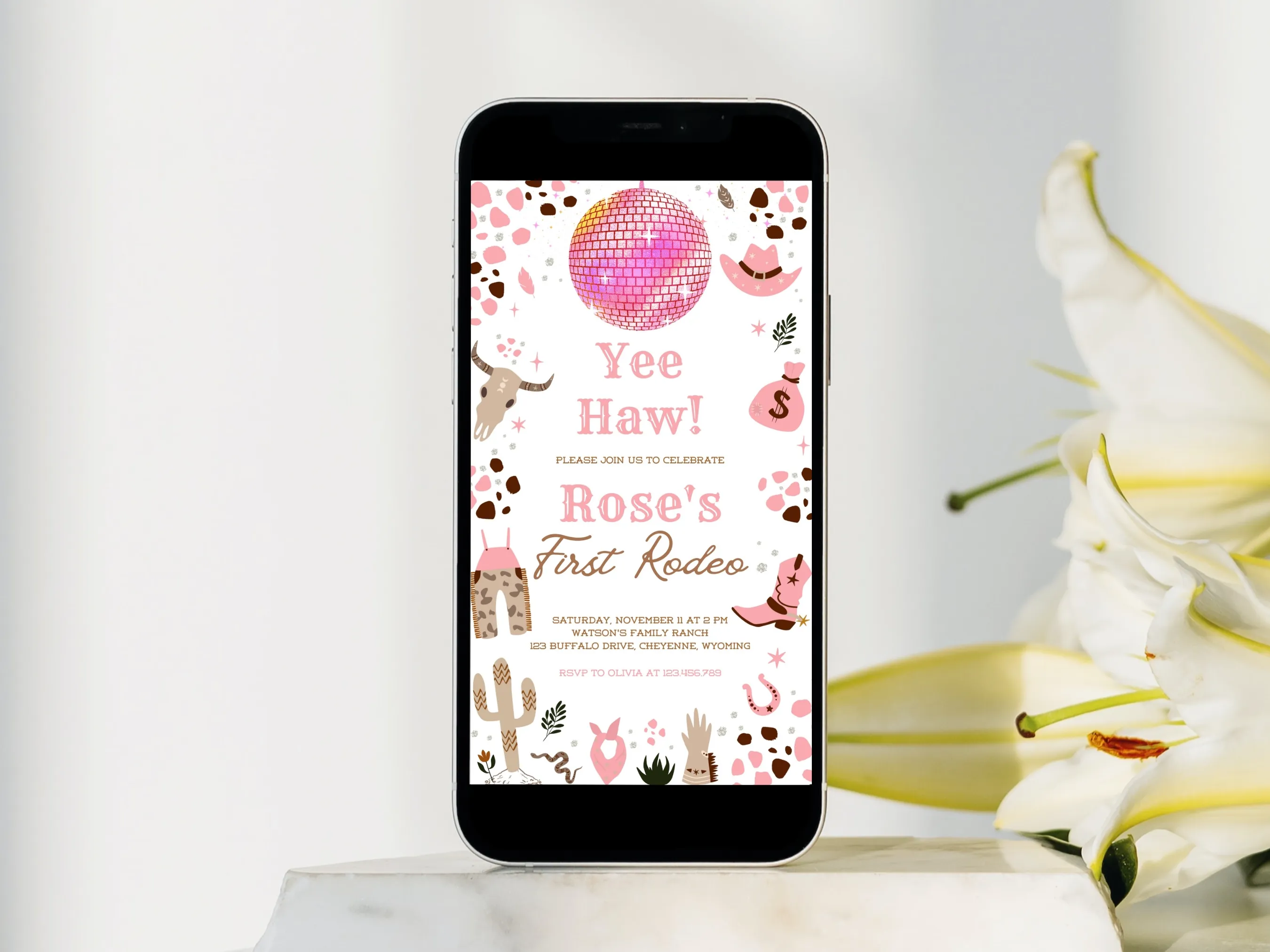 Space Cowgirl First Rodeo birthday mobile invitation with disco western theme, editable Canva template for girls’ space cowgirl party, digital download.