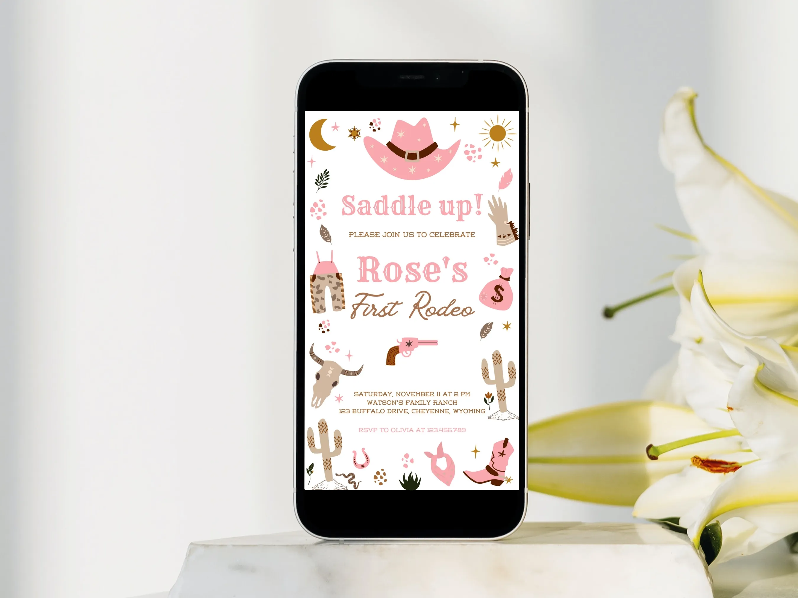 My First Rodeo birthday mobile invitation with cowgirl western theme, editable Canva template for girls’ rodeo party, digital download.