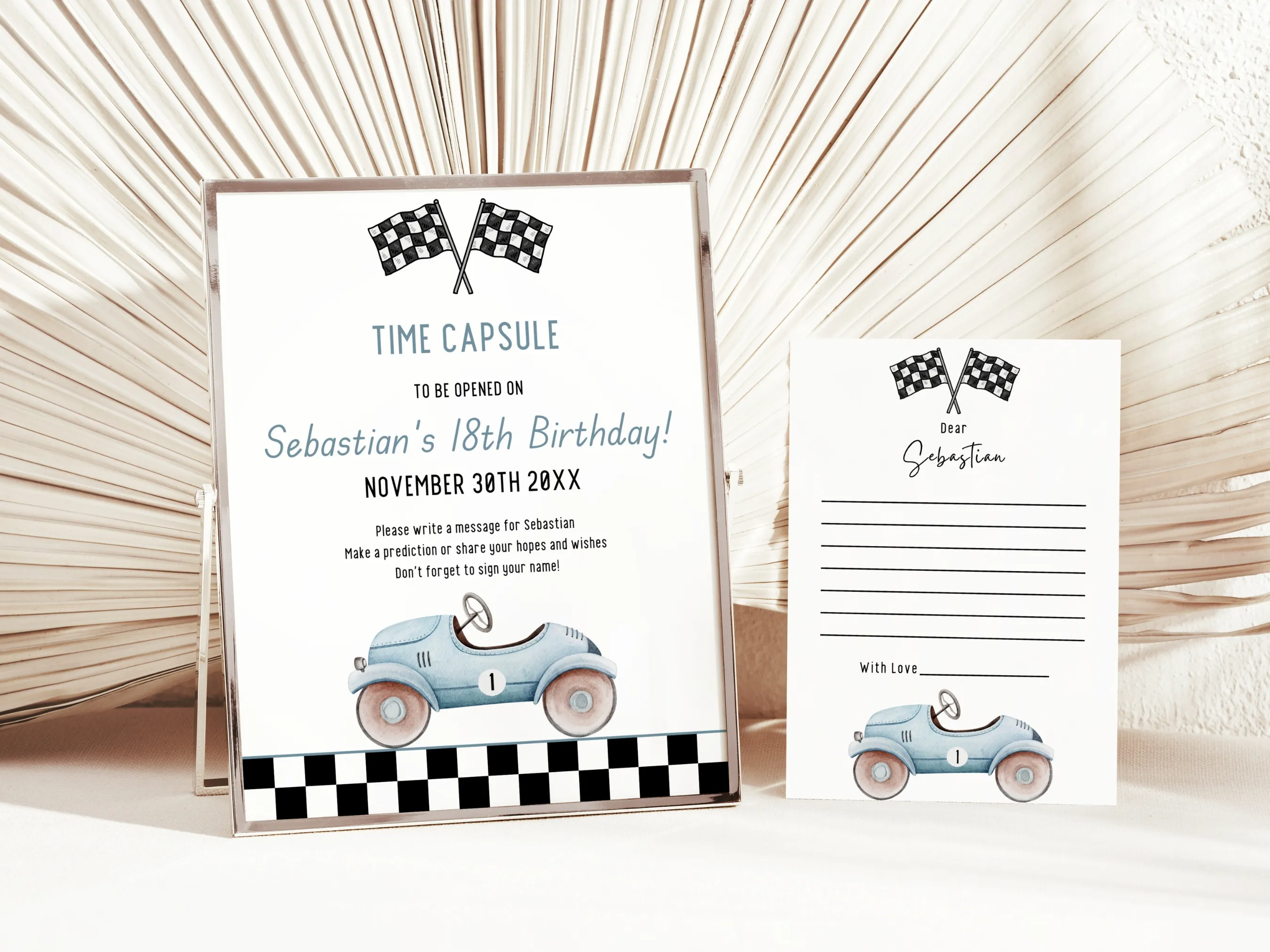 Fast One vintage race car 1st birthday time capsule sign and message cards, editable Canva template, digital download.