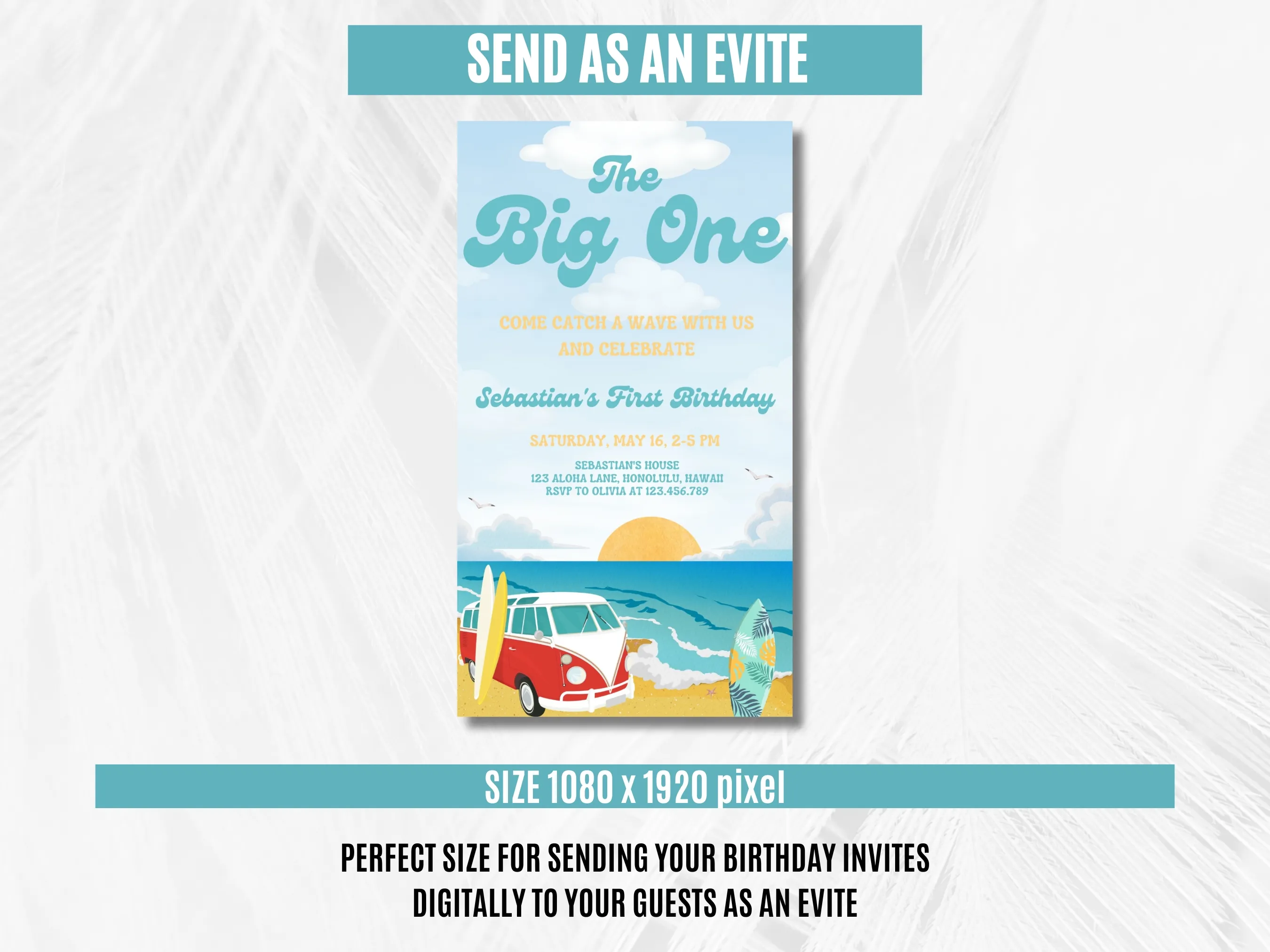 The Big One Birthday Mobile Invitation | Surf Beach Party Evite | Editable Canva Template | Digital Download