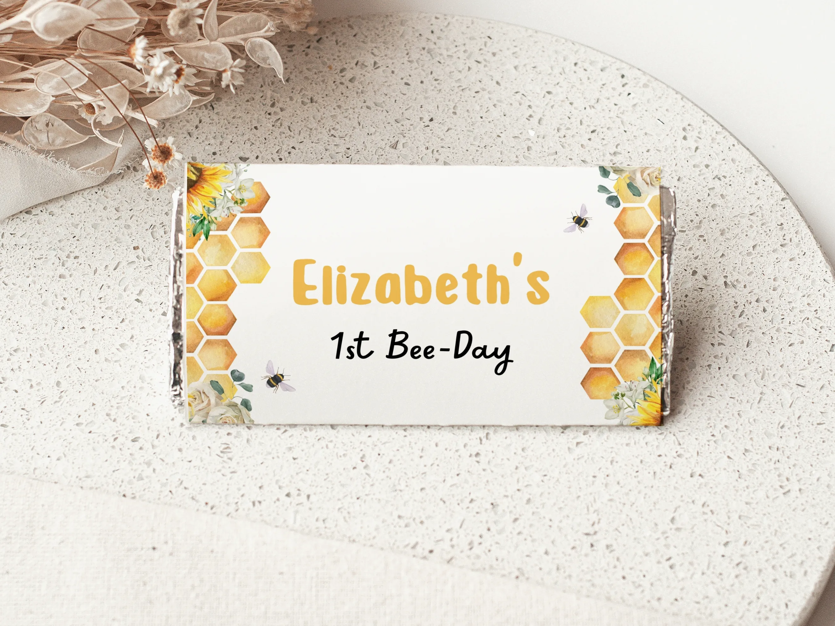 First Bee Day chocolate wrappers with sunflower and bee design, matching bee candy wrappers and candy bar labels, editable Canva template by fllcdesigns