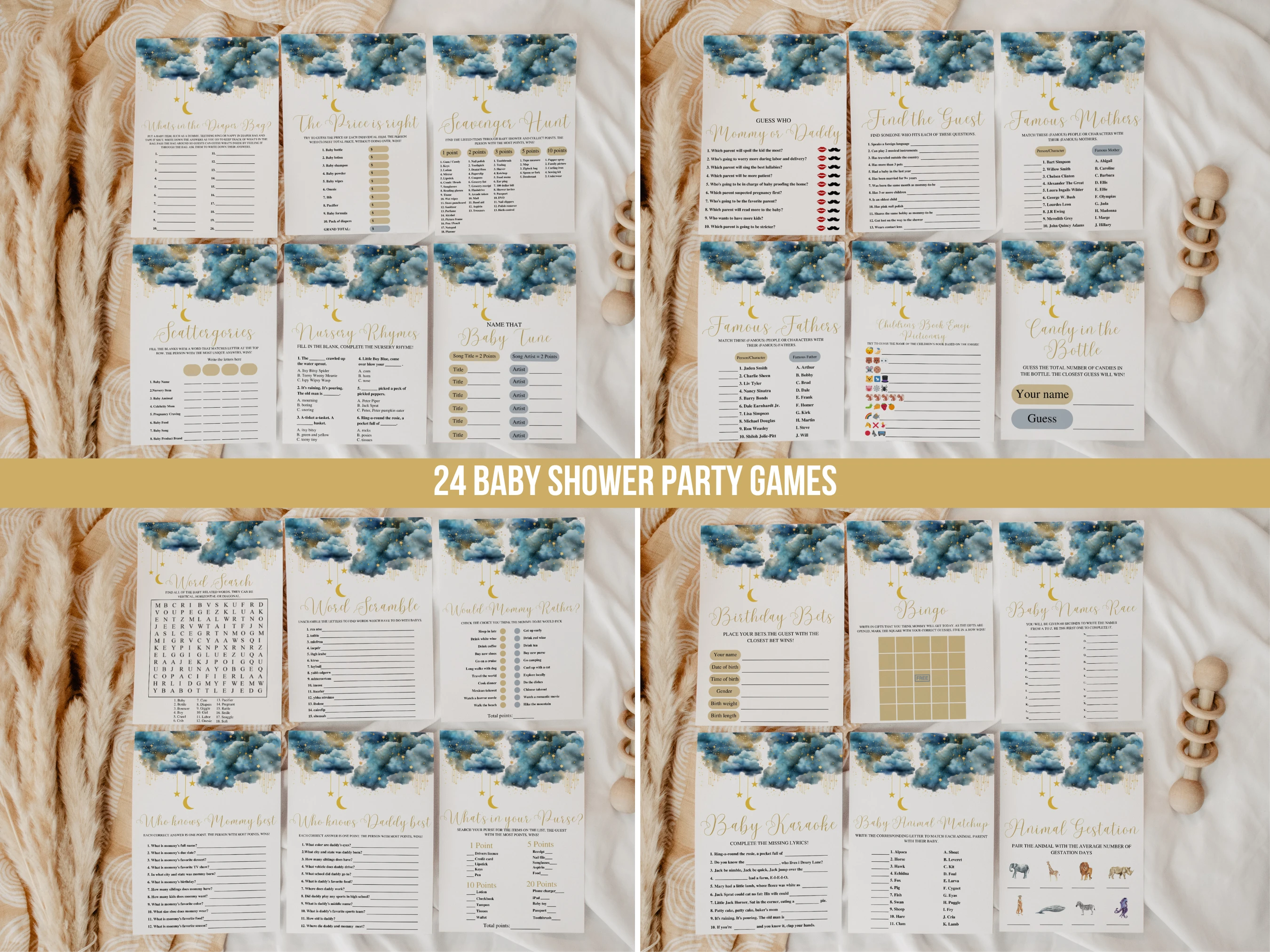 Twinkle Little Star Baby Shower Games Bundle | Blue and Gold Baby Shower Bingo Printable Games | Celestial Baby Shower Party Games | Editable Canva Template | Digital Download