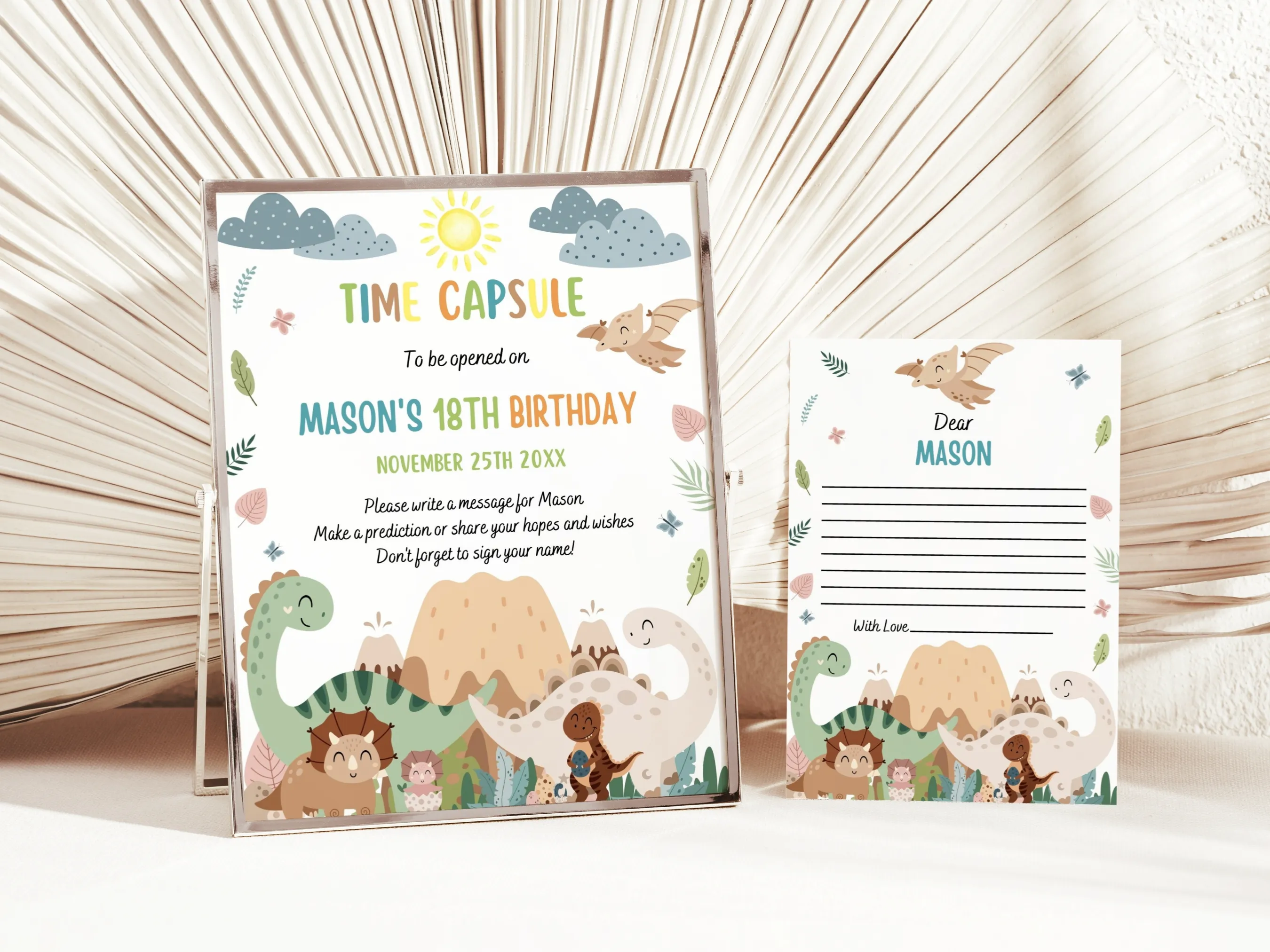 Baby dinosaur birthday time capsule sign with Jurassic theme wishes card and 1st birthday guest book, editable Canva template, digital download.