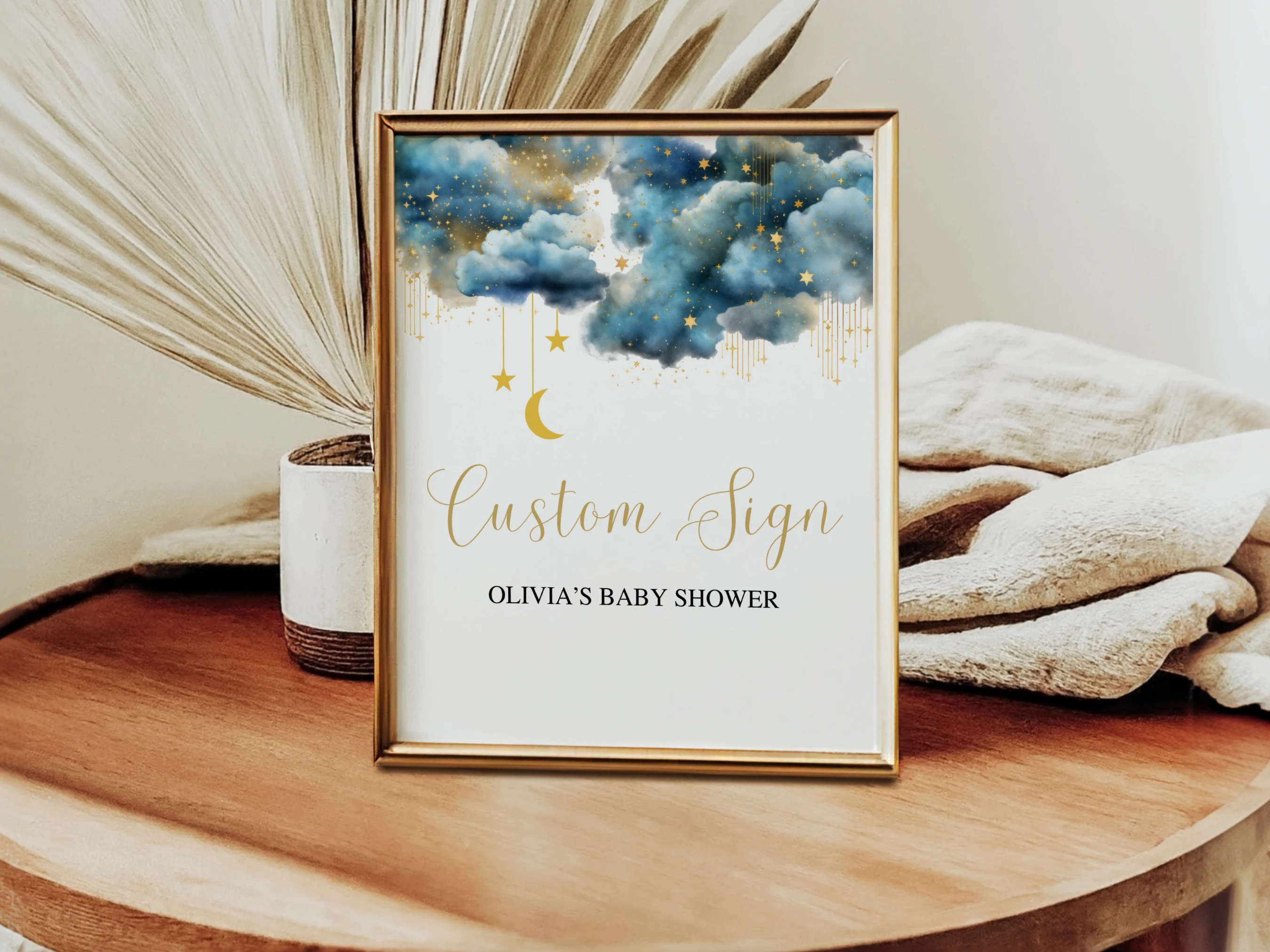 twinkle little star baby shower table sign printable, over the moon baby shower pacifier hunt sign, blue and gold baby shower diaper raffle sign, twinkle little star late night diapers sign, editable baby shower sign Canva