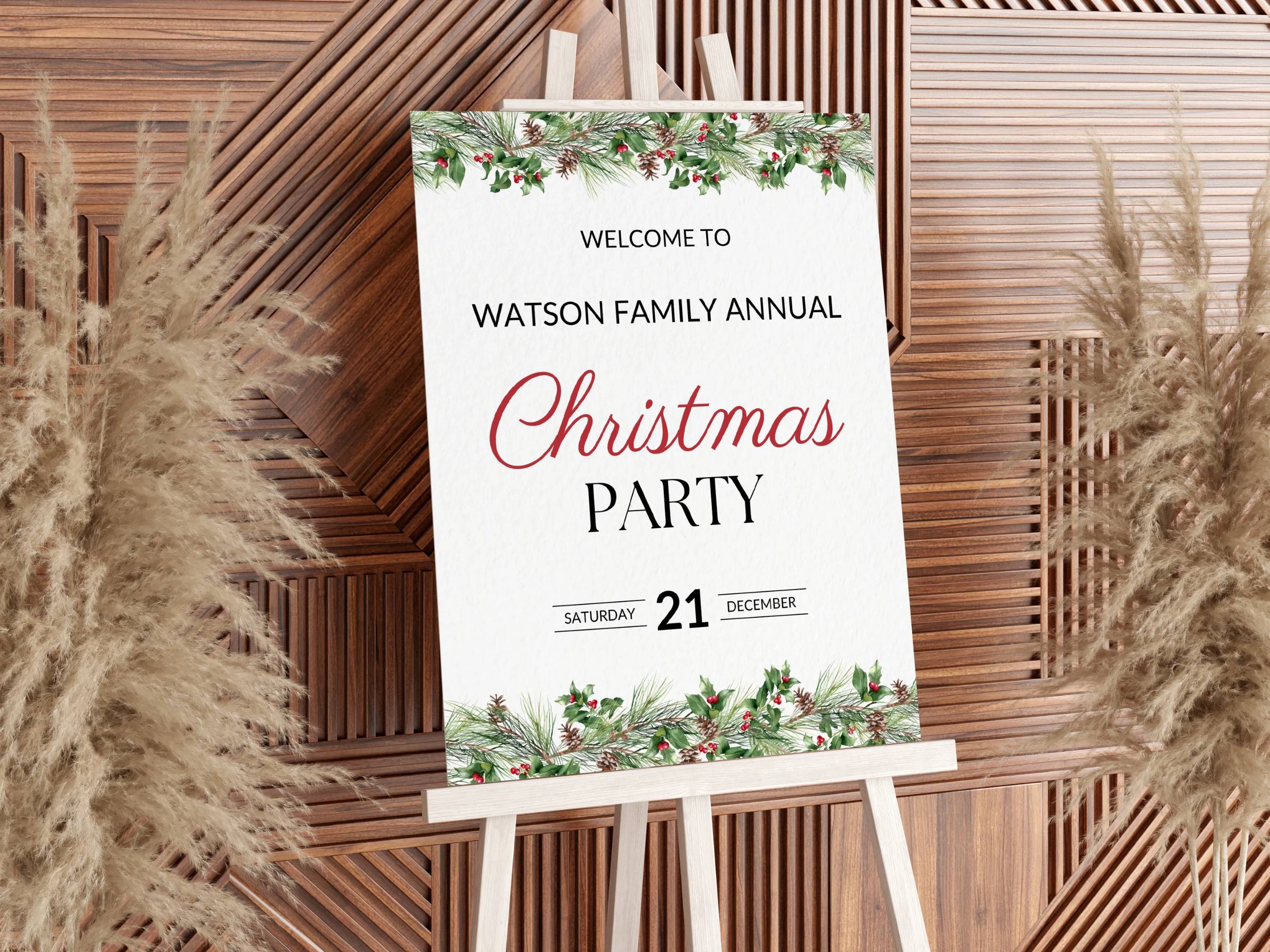 Editable Christmas Party Welcome Sign template with festive greenery, pinecones and red berries, large-format Canva holiday entrance sign for family Christmas celebration