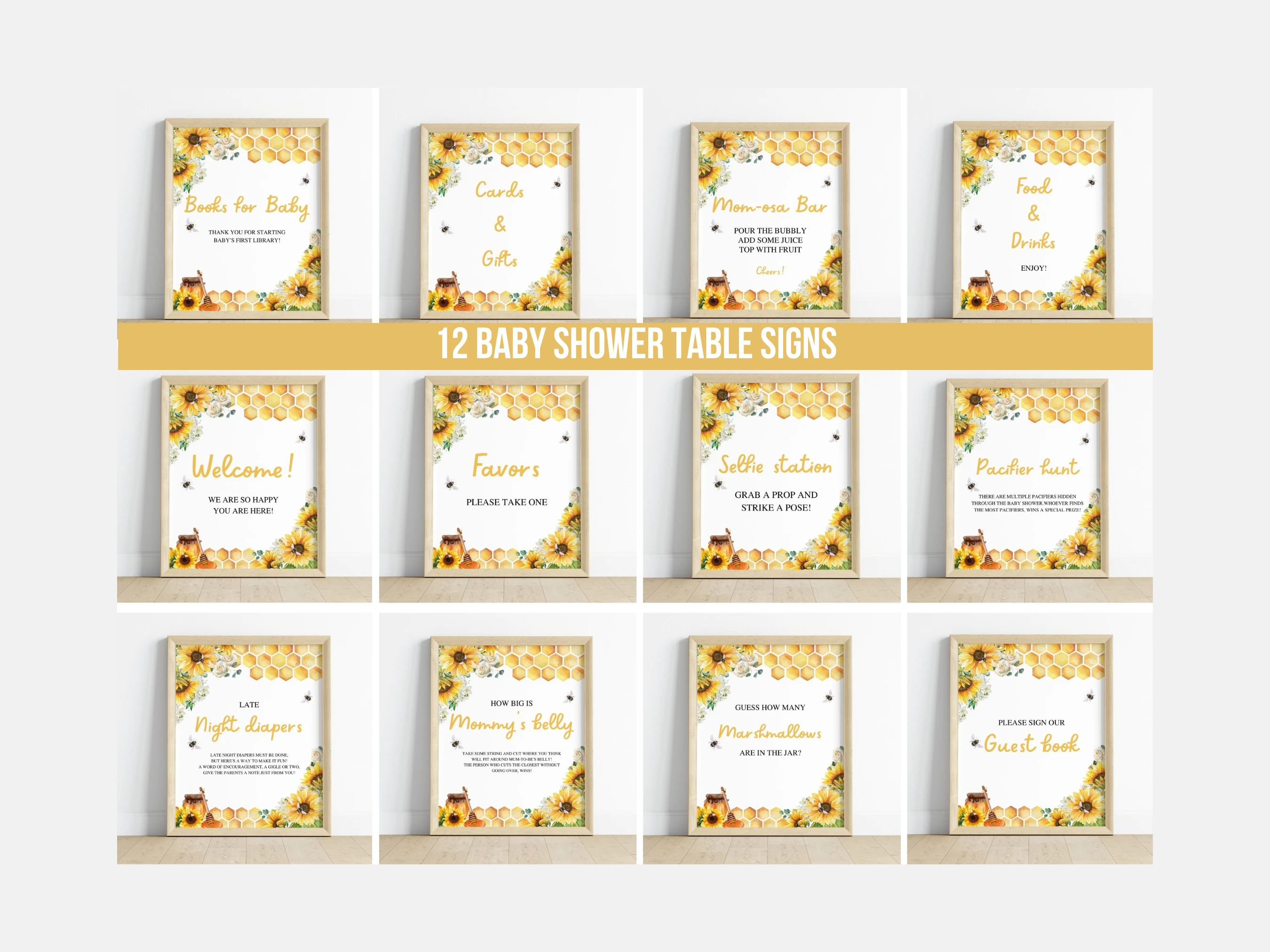 bumble bee baby shower table sign printable, sunflower late night diapers sign, sweet as can bee pacifier hunt sign, diaper raffle baby shower sign printable, editable baby shower sign Canva