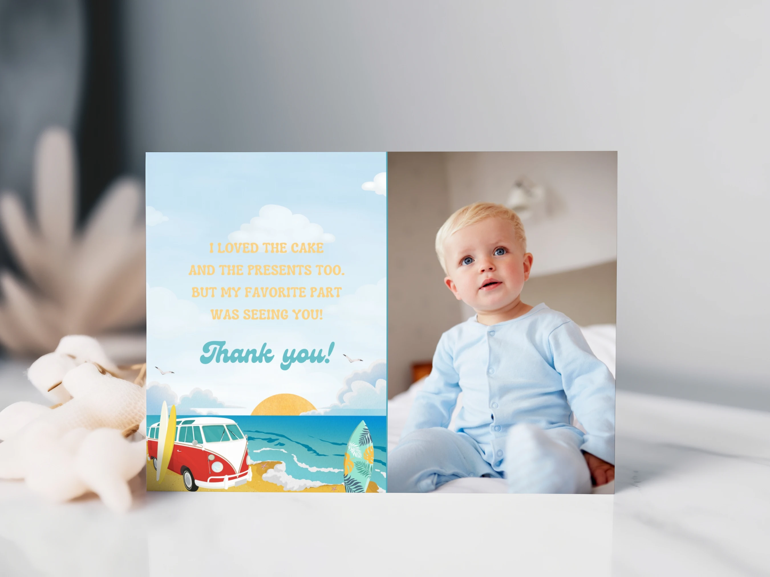 surf birthday thank you card, beach party thank you note, birthday thank you card with photo, the big one thank you note, printable kids thank you card