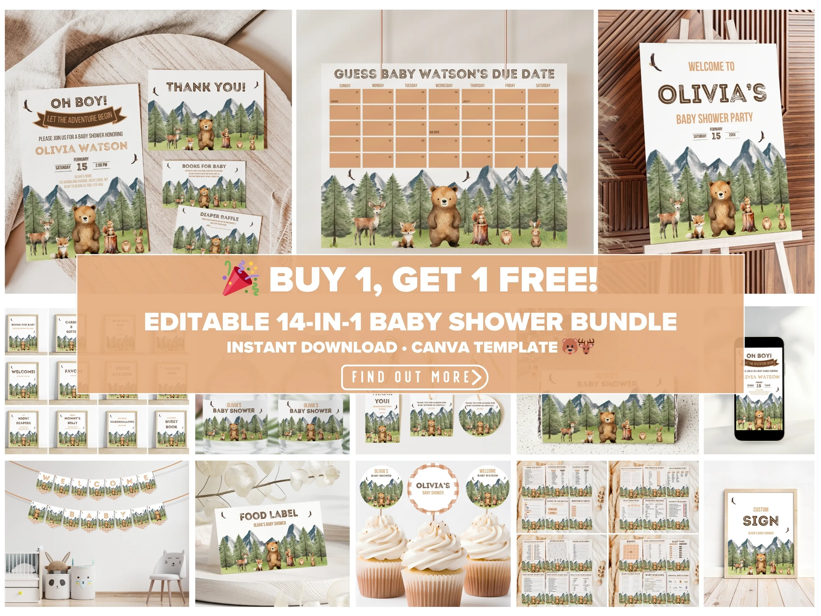 Woodland baby shower bundle — forest adventure theme editable Canva templates for bear baby invitations, signs & party decorations (digital download)