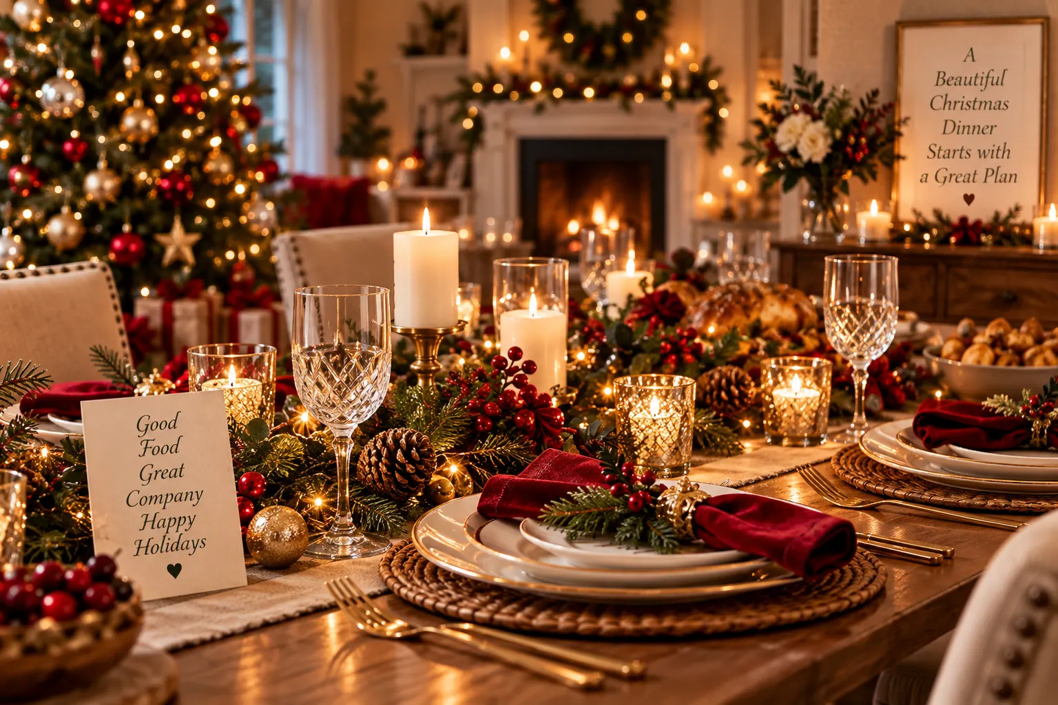 Elegant Christmas dinner table with candles, greenery, festive place settings and Christmas tree