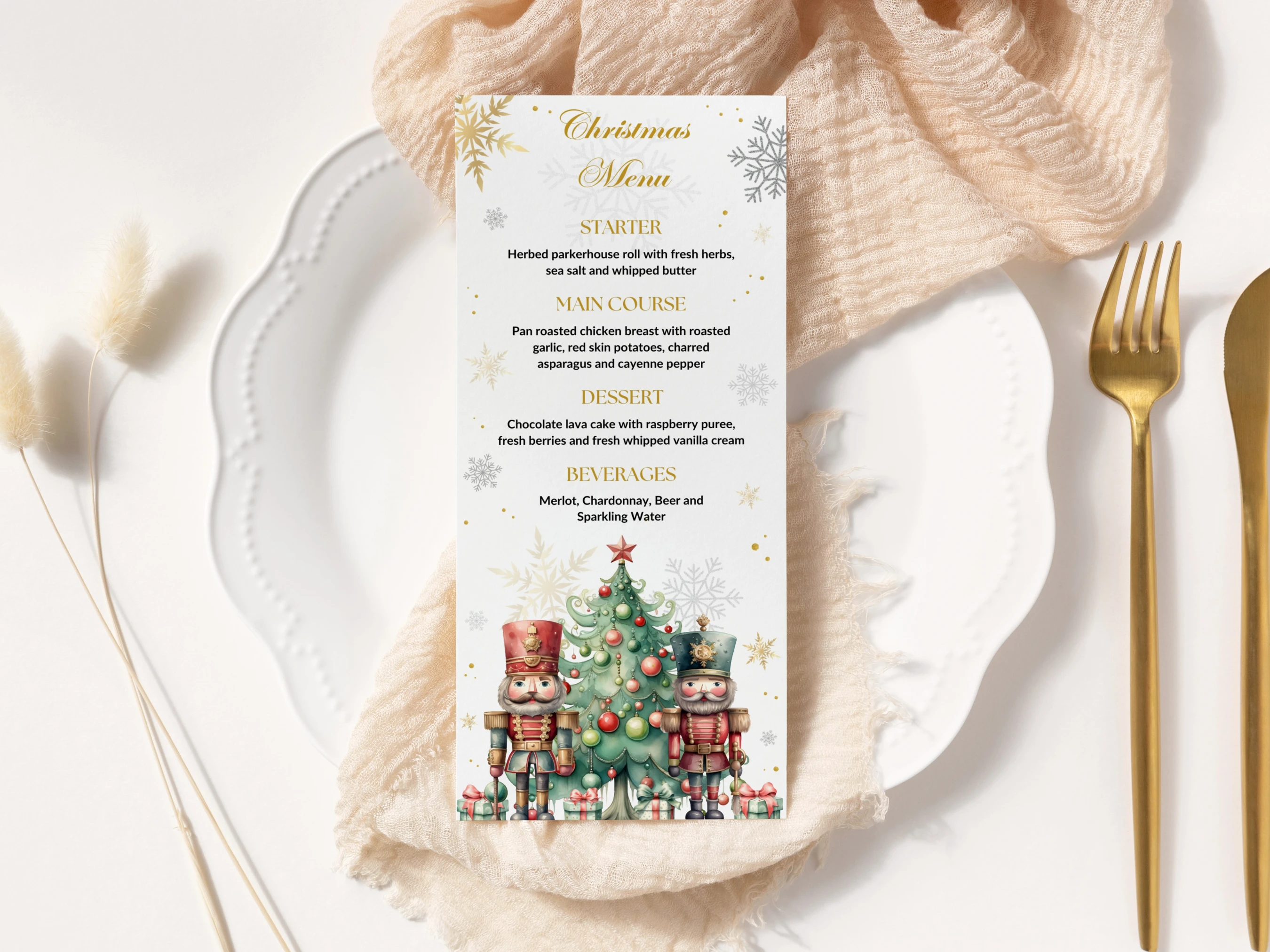 Nutcracker Christmas dinner menu template with festive Christmas tree, nutcracker soldiers and gold snowflake details, editable 4 × 9 inch Canva holiday table card