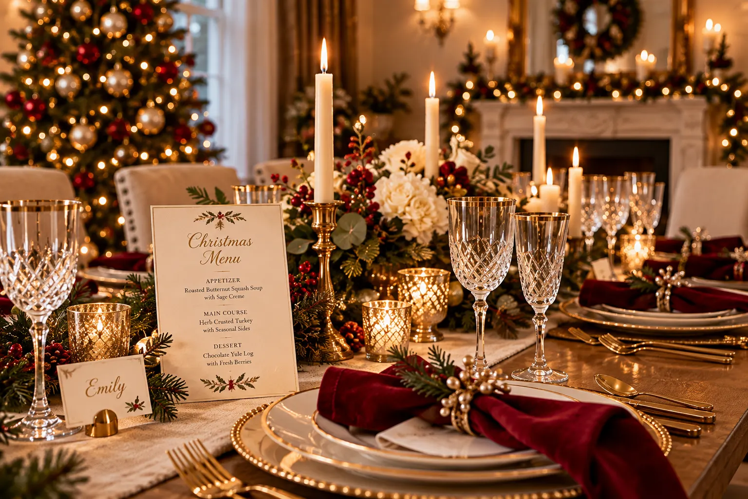 Elegant formal Christmas dinner table with crystal glassware, candles, gold details and festive menu card