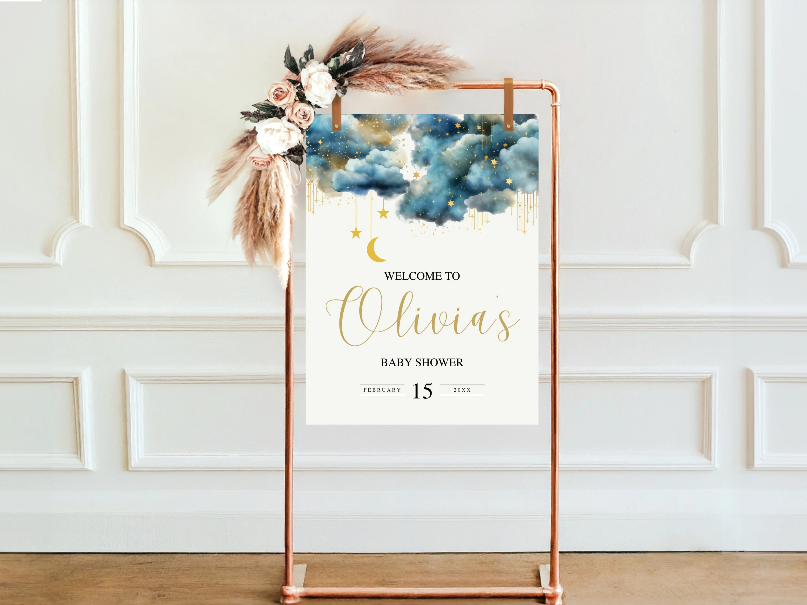 Twinkle Little Star Baby Shower Welcome Sign | Blue And Gold Over The Moon Welcome Board | Editable Canva Template | Digital Download