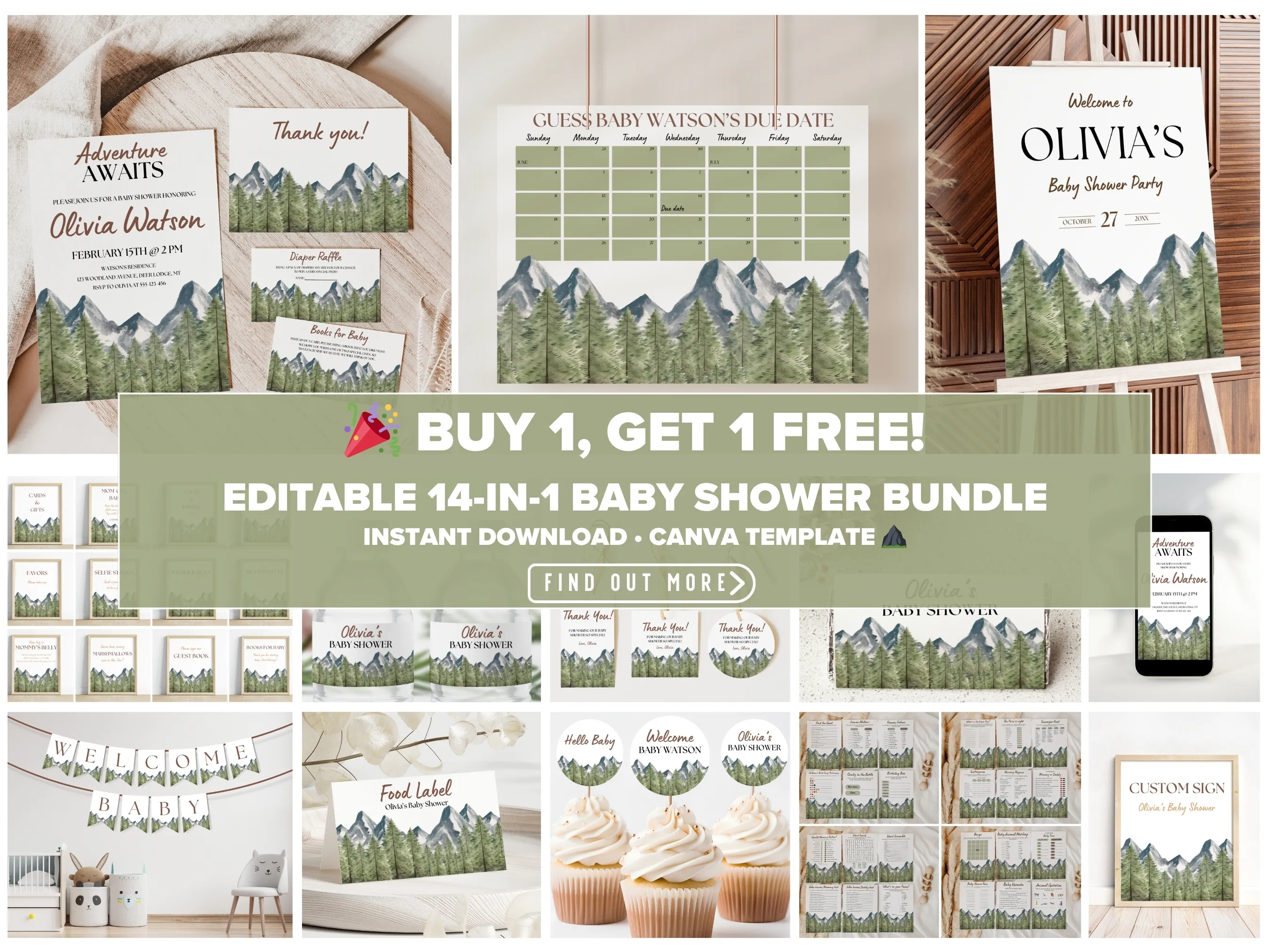 Adventure Awaits baby shower bundle with woodland forest theme, editable Canva templates for printable baby shower decorations and invitations, digital download.