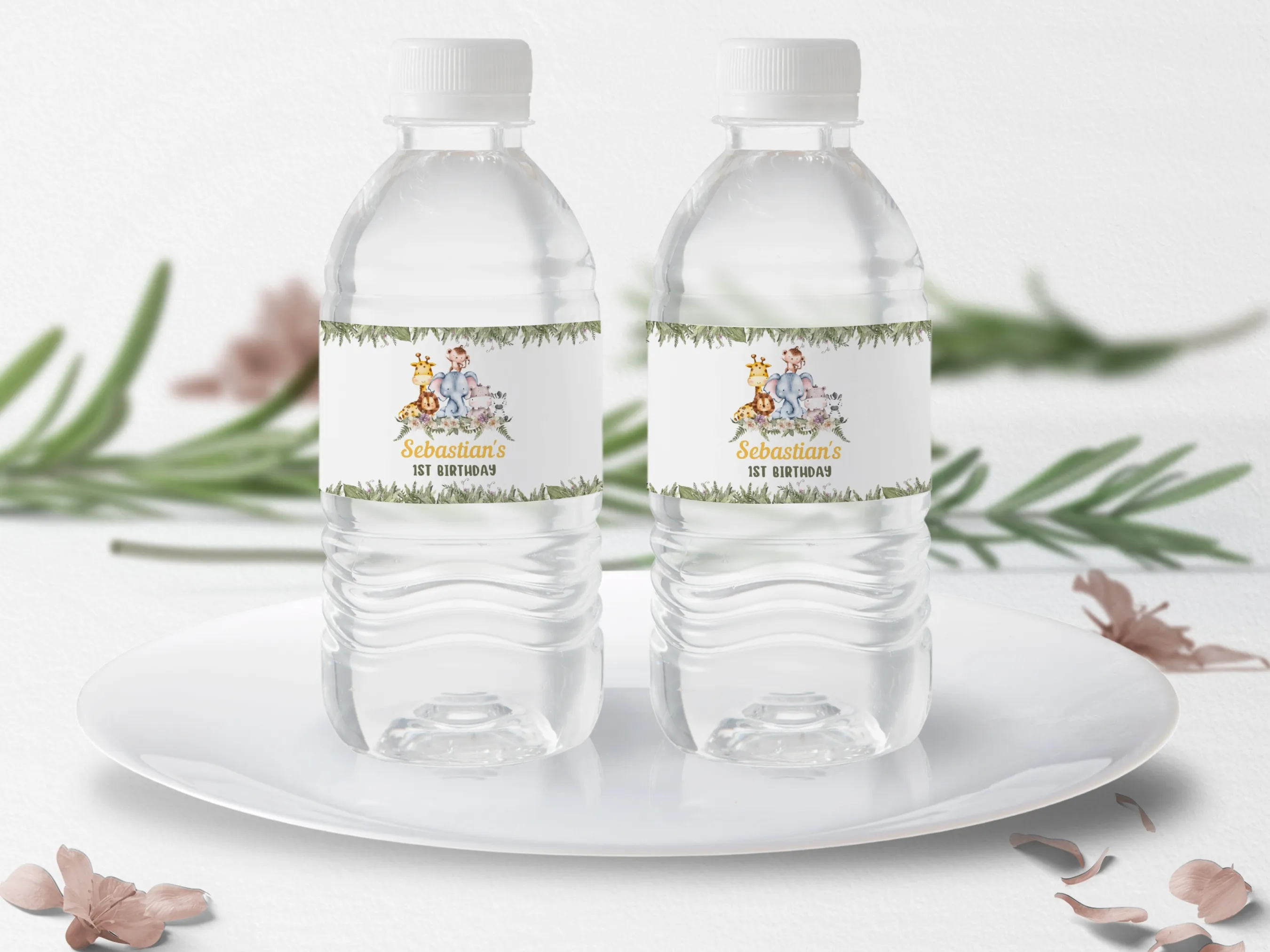 Wild One safari birthday water bottle labels with jungle animal designs, editable bottle wraps and party bottle stickers by fllcdesigns