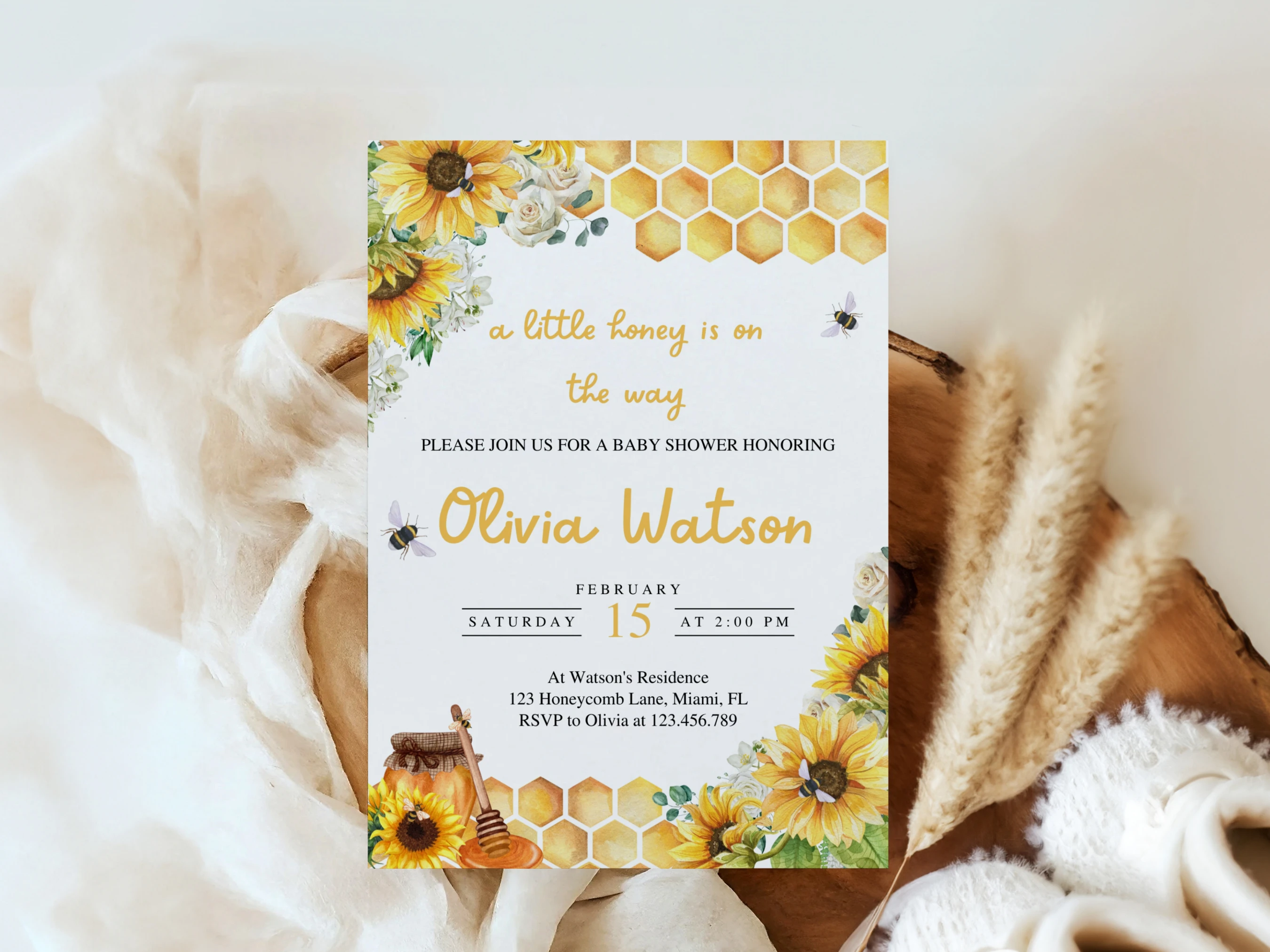 honey bee baby shower invitation, sunflower baby shower invite, bee baby shower invitation template, printable baby shower invite, editable baby shower invitation Canva