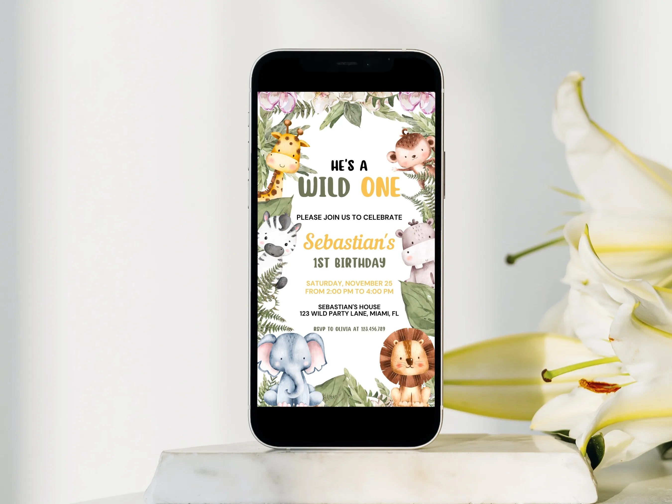 Wild One safari birthday mobile invitation with jungle animals theme, editable Canva template for kids’ wild jungle party, digital download.