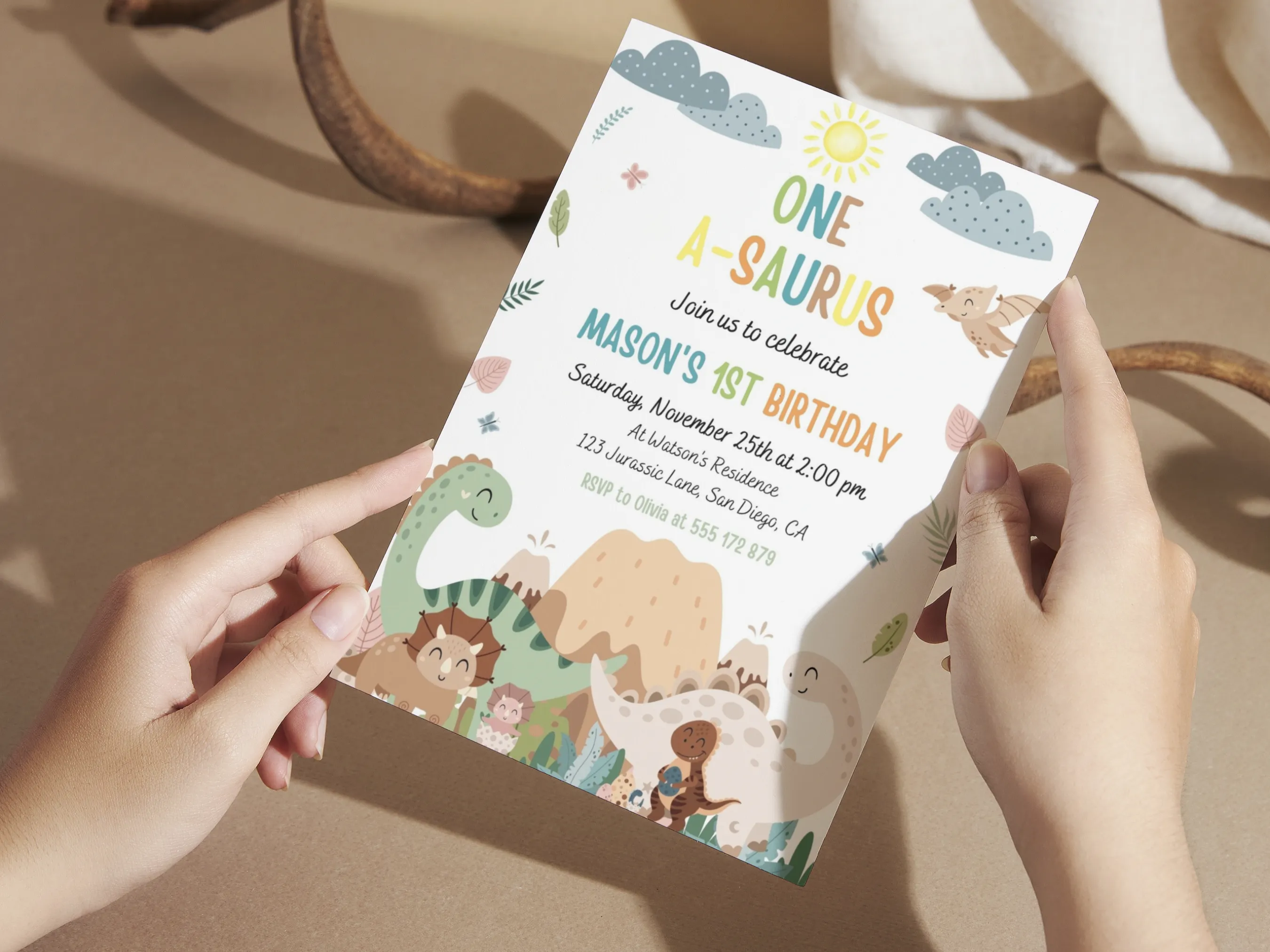 Dinosaur 1st Birthday Invitation | T-Rex Dino Party for Boys | Editable Canva Template | Digital Download